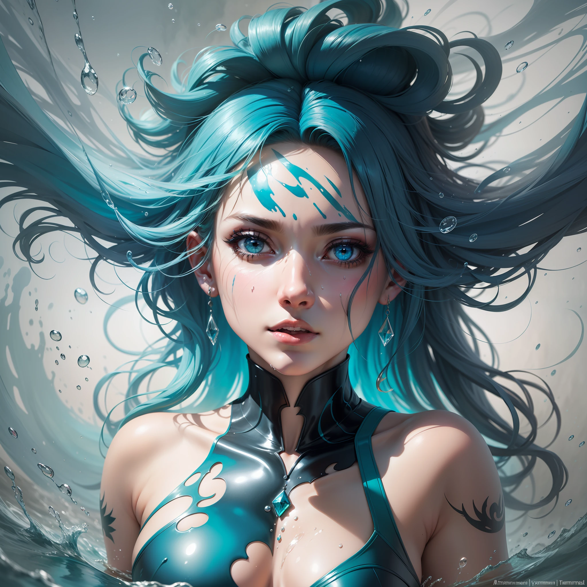 a half-body portrait of a mermaid woman made of water, half body submerged in water, in a lake, turquoise hair depicting as waterfall, wet, drops of water on face and body, tribal tattoos, natural body posture, rain, Art of Alberto Seveso, of Carne Griffiths, of Wadim Kashin, of jean baptiste monk, symmetrical, abstract art style,  complex and intricate watercolor painting, sharp eyes, digital painting, explosion of colors, concept art, volumetric lighting, TanvirTamim, metallic reflections, 2d rendering, 8k. by artgerm, trend in artstation