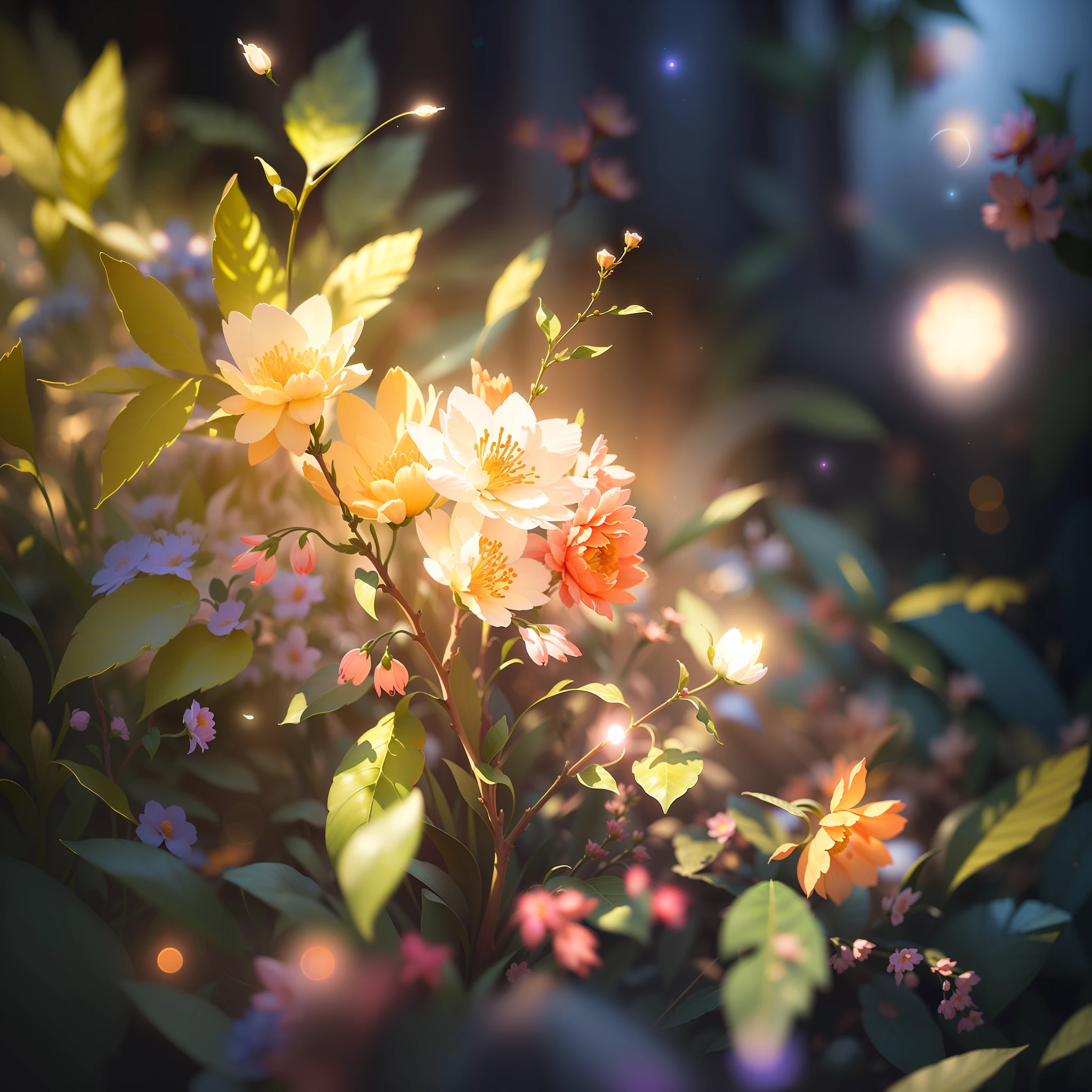 there is a picture of a flower that is in the sunlight, epic concept art. bokeh, beautiful digital artwork, low detailed. digital painting, beautiful octane render, glowing delicate flower, luminous flowers, glowing leaves, rendered in redshift, beautiful digital painting, glowing lights! digital painting, blurred and dreamy illustration, extreme bokeh foliage, 4k highly detailed digital art