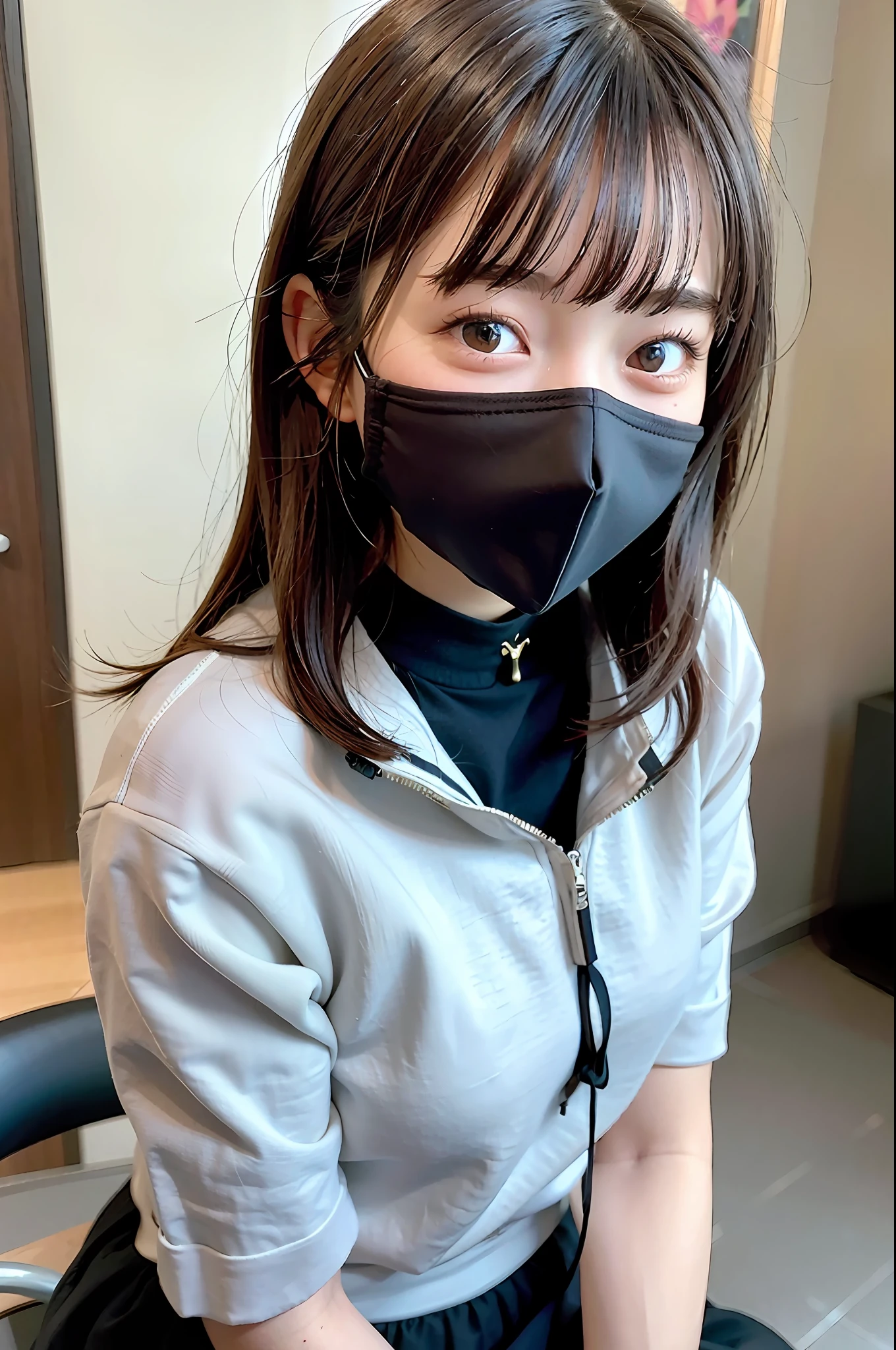 Top quality, ultra high resolution, (photorealistic: 1.4), 1 girl, gray hoodie, mask, black tight skirt, black choker, (faded ash-gray hair: 1), with bangs, look at the viewer, close-up,