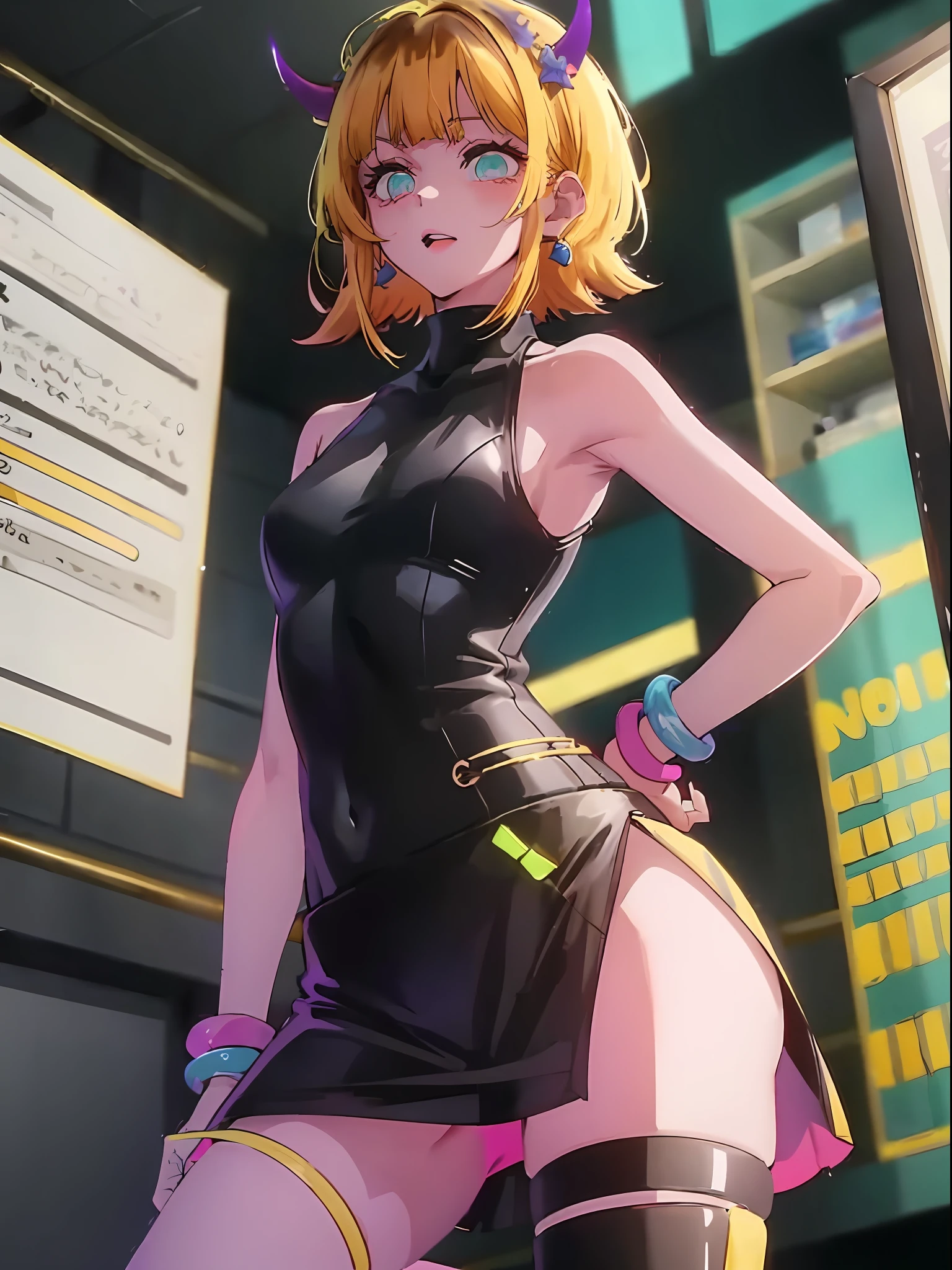 memcho, blonde, black high neck, sleeveless, small horns, mini skirt