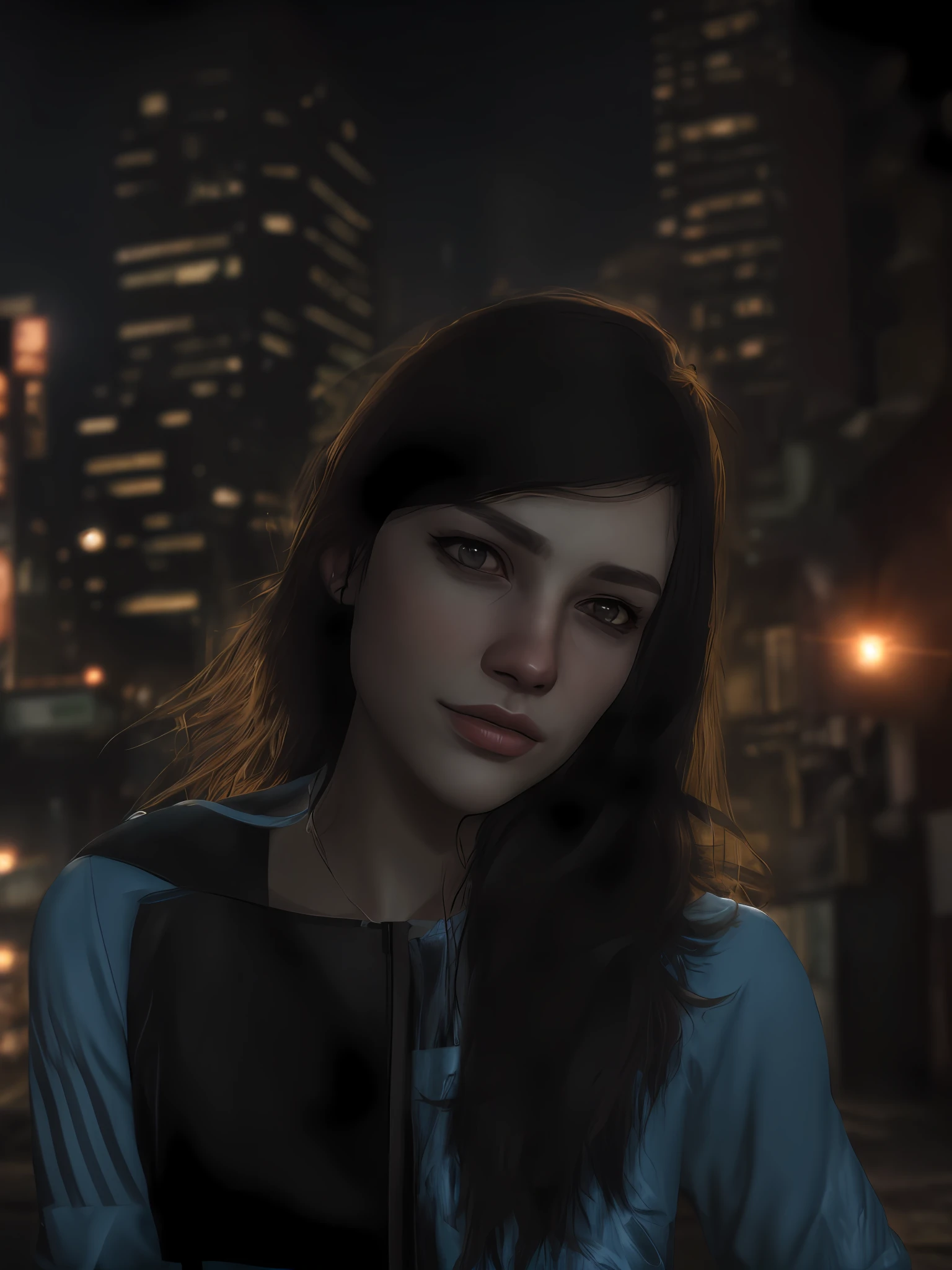 (Resident Evil 2), young face, realistic, best quality, masterpiece, wearing black tank top inside, bright red long sleeve leather jacket outside, bluish black hair color, long hair, dark black or brown eye iris, dark streets in the background, night, dark atmosphere, depth of field, soft face, detailed face, high resolution: 1.2, Racoon City mansion interior scenery