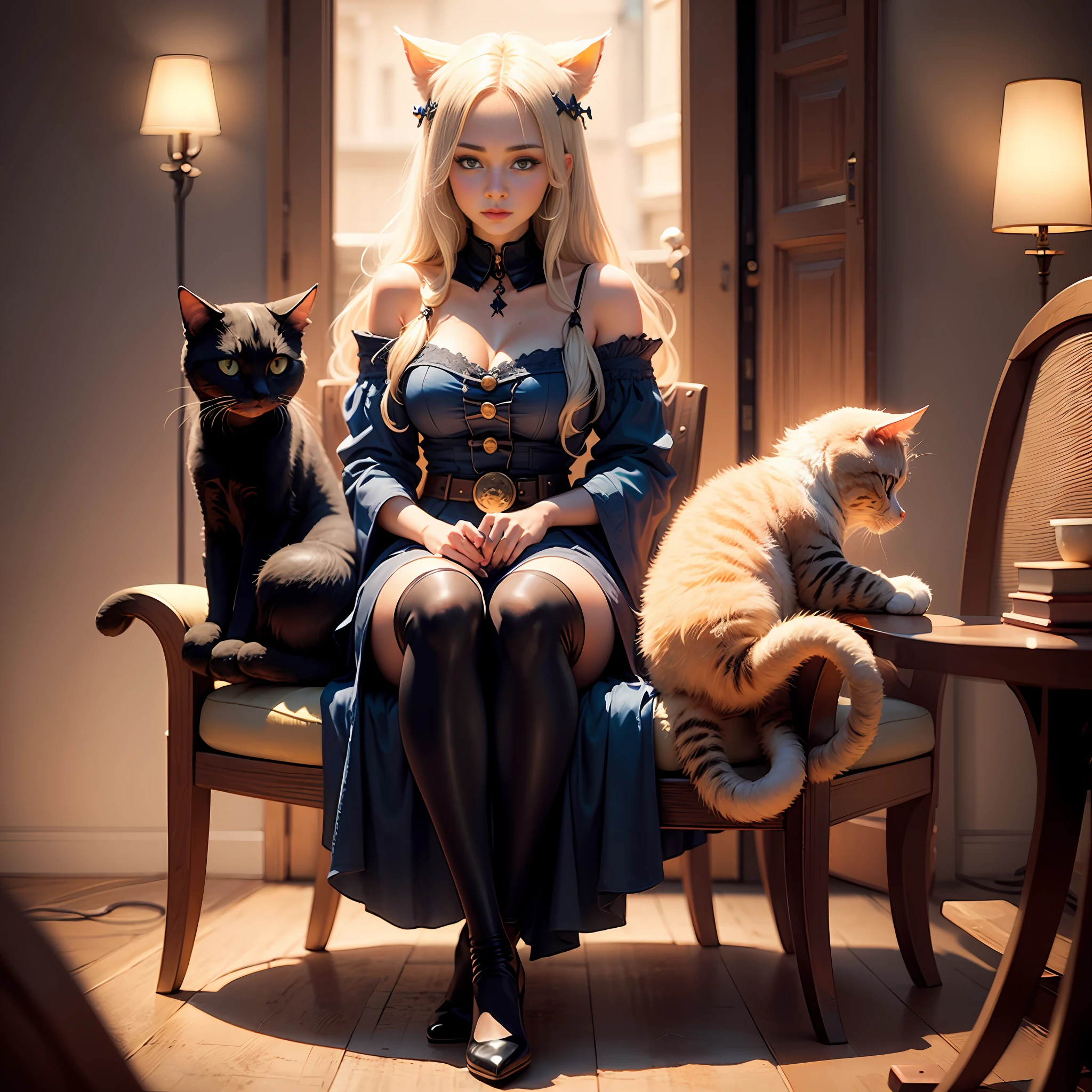 young woman, animal ears, nordic face, blue eyes, fair skin, cute, full body, blonde, magic summoning, cat personification