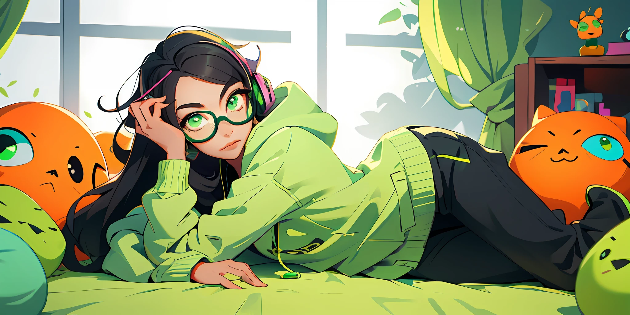 (masterpiece, best quality), 1girl, lying, long hair, headphones, green eyes, glasses, green hoodie, room,