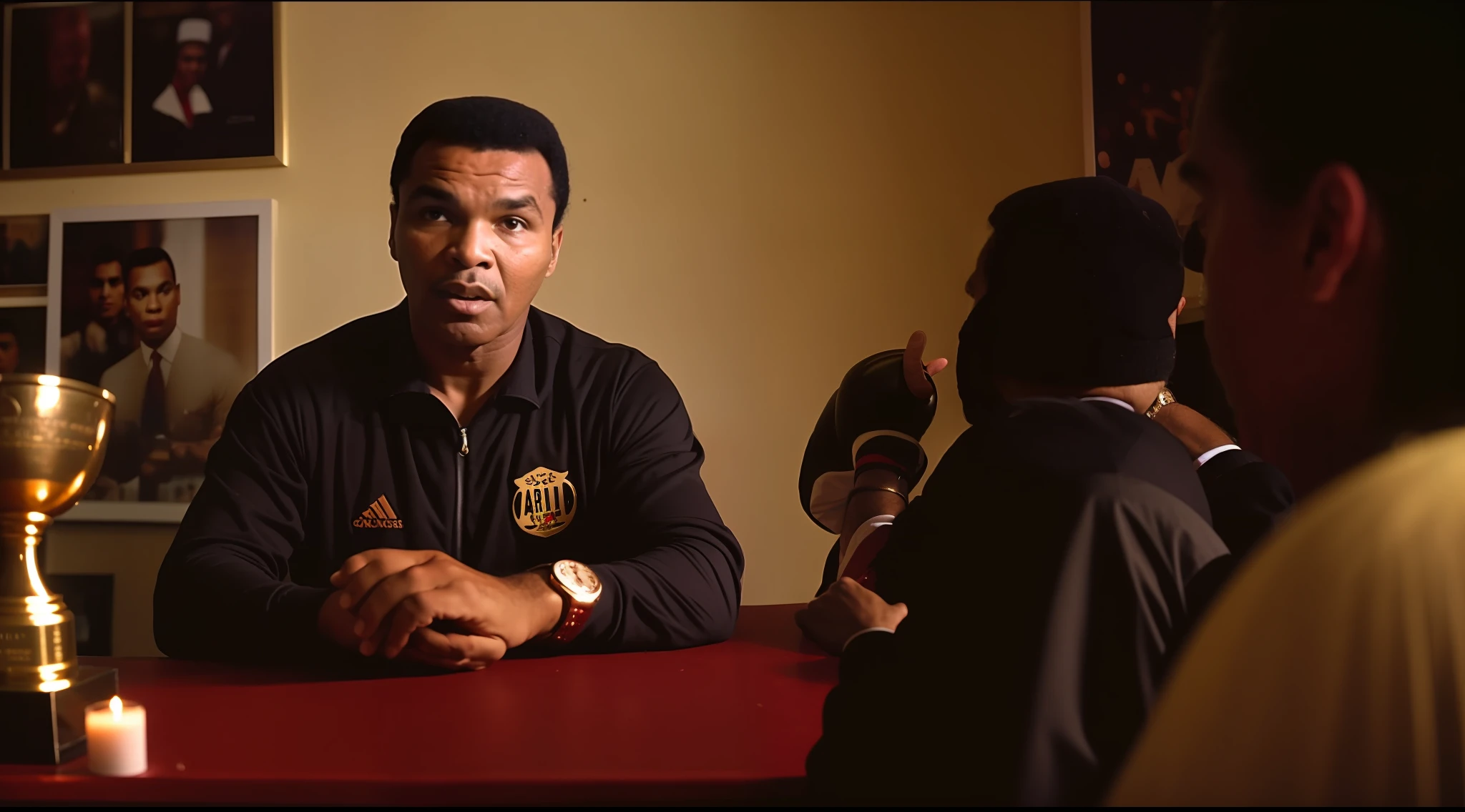 Film still of Mohamed Ali is sitting in an intimate and cozy room, decorated with elements related to boxing. The atmosphere is cozy, with trophies and photographs of the club. Best documentary-style lighting to capture the atmosphere.