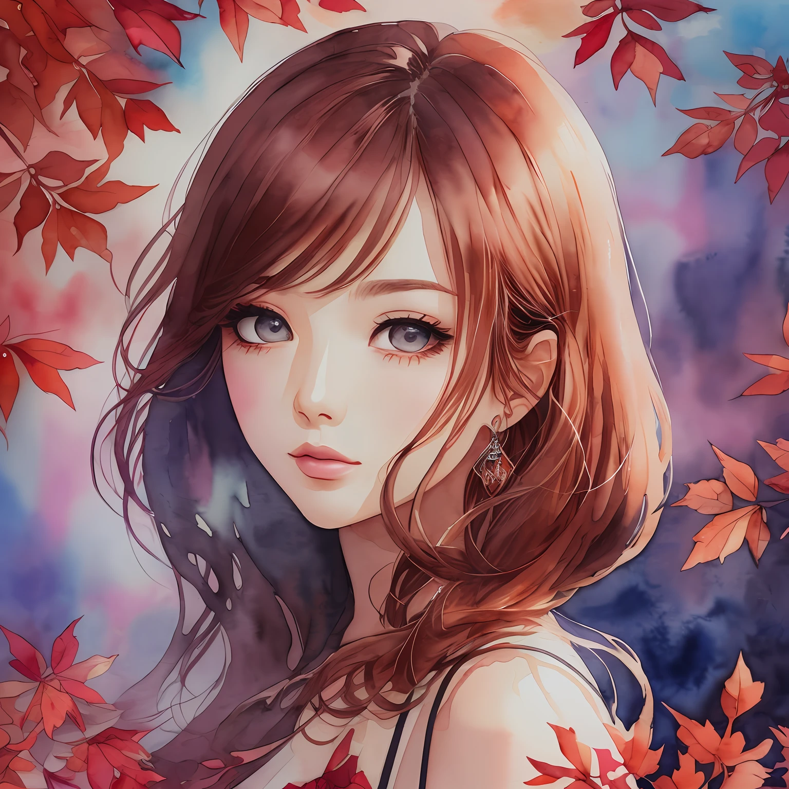 (Best Quality), (Masterpiece: 1.2), (Colorful: 0.9), (Ink Splash), (Color Splash), ((Watercolor)), Sharp Focus, (Portrait Summer Goddess: 1.5), Cute Look, Elegant Maroon Haircut, Beautiful and Detailed Face and Eyes, Elegant Goddess Clothes, Autumn Forest Background, Colored Water