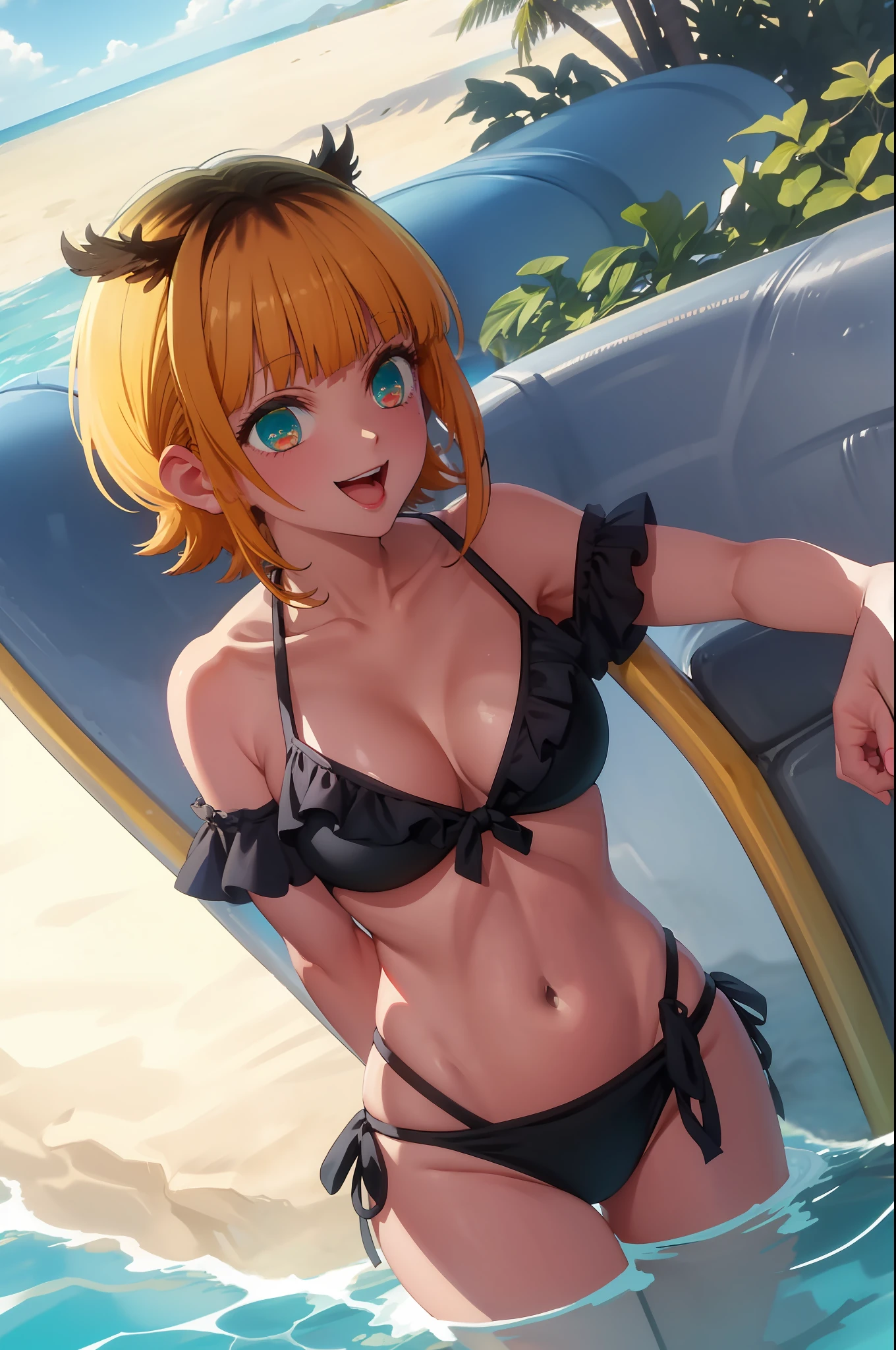 masterpiece, Top quality, Absurdity, Perfect anatomy, One girl, Solo, Rear-facing cap, Yellow eyes, Medium breasts, Beach, Palm tree, Water, (partially submerged), Smile, :d, Spread arms, Ruffle bikini, Cute, Cute bikini, Dynamic Pose