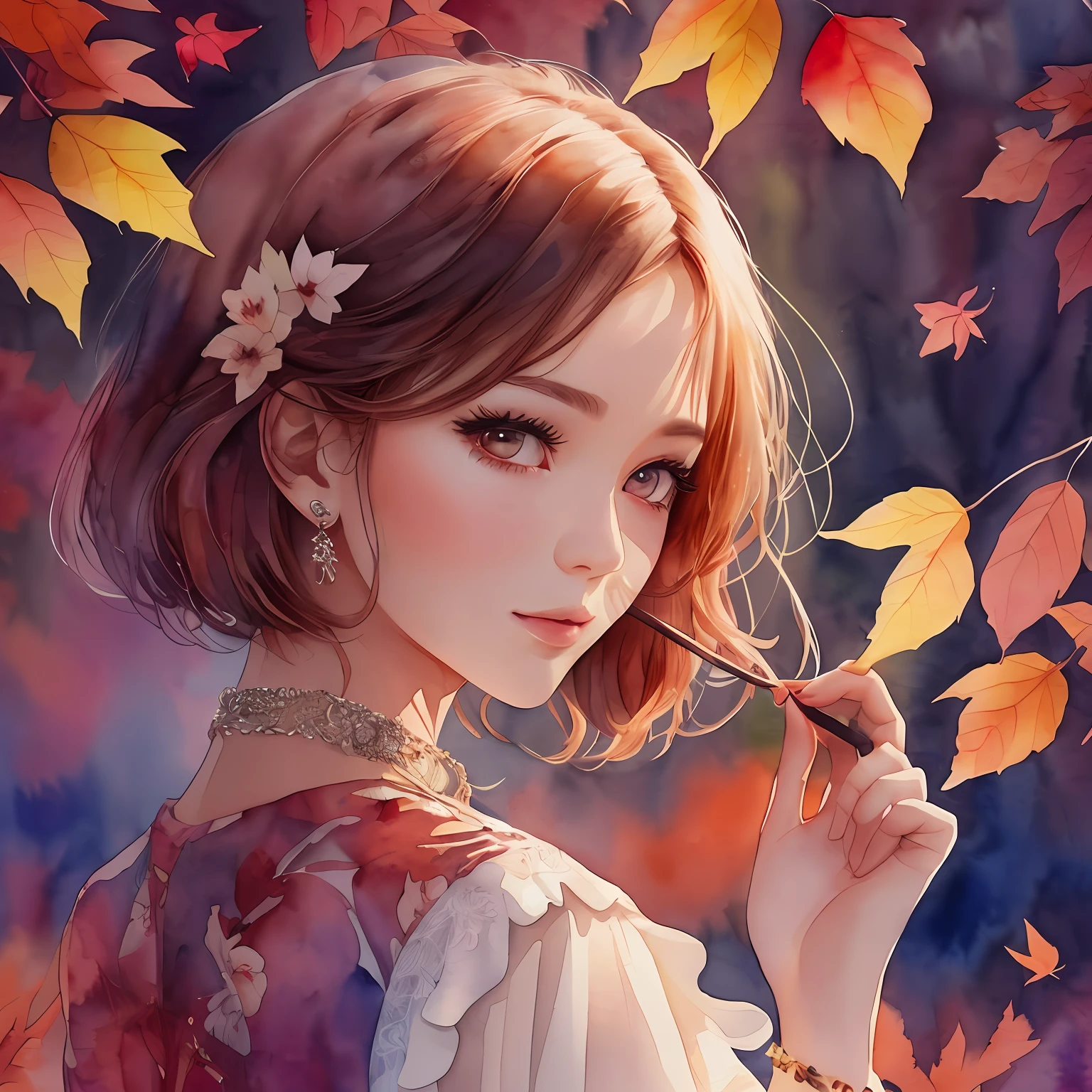 (Best Quality), (Masterpiece: 1.2), (Colorful: 0.9), (Ink Splash), (Color Splash), ((Watercolor)), Sharp Focus, (Portrait Summer Goddess: 1.5), Cute Look, Elegant Maroon Haircut, Beautiful and Detailed Face and Eyes, Elegant Goddess Clothes, Autumn Forest Background, Colored Water