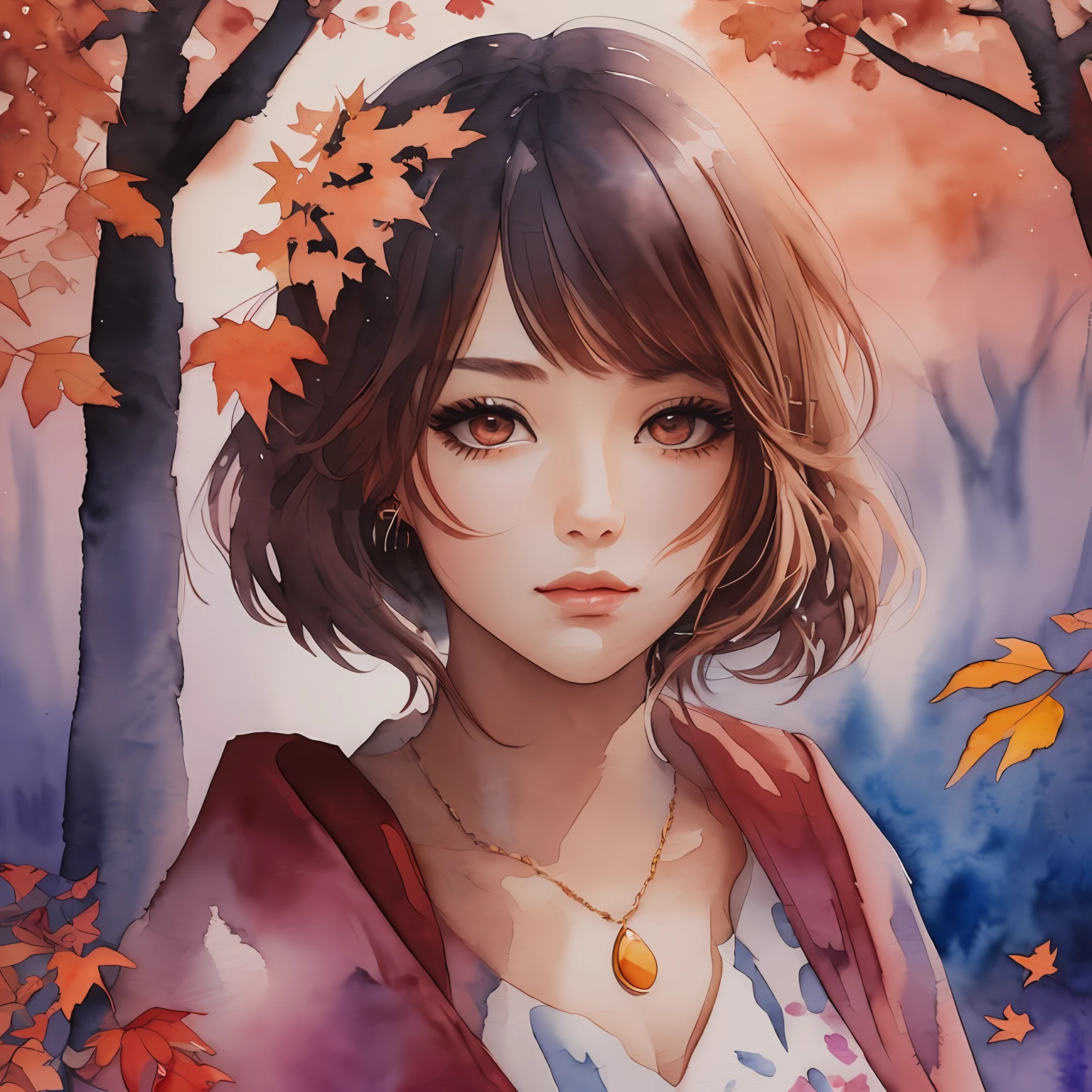 (Best Quality), (Masterpiece: 1.2), (Colorful: 0.9), (Ink Splash), (Color Splash), ((Watercolor)), Sharp Focus, (Portrait Summer Goddess: 1.5), Cute Look, Elegant Maroon Haircut, Beautiful and Detailed Face and Eyes, Elegant Goddess Clothes, Autumn Forest Background, Colored Water