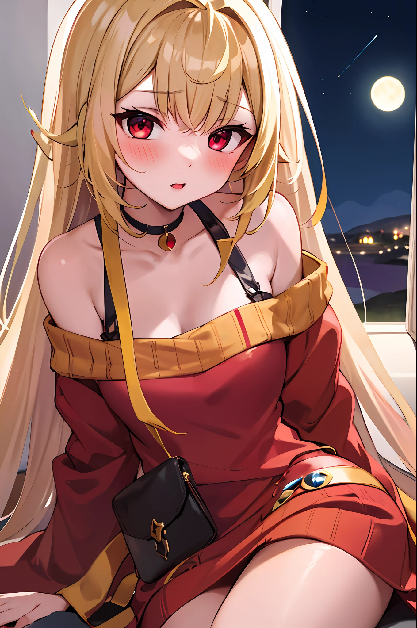 Blonde, red eyes, vampire girl alone, moon on background, sexy, blush, off-shoulder