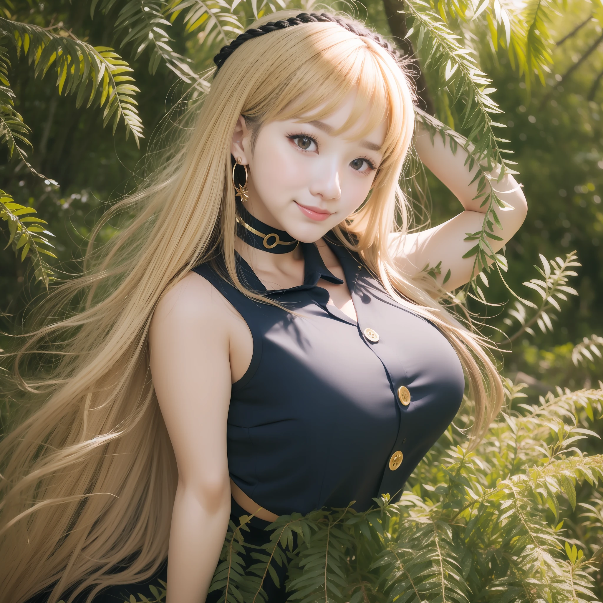 best quality, ultra high res, 1girl, sleeveless blue button shirt, black skirt, black choker, cute, (Kpop idol), (aegyo sal:1), (golden blonde hair:1), long braided hair, ((puffy eyes)), looking at viewer, (((full body))), wide view, facing front, glow skin, smile, thick ass
