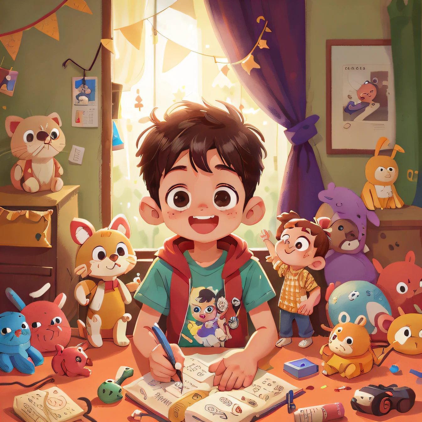 A boy, room, many toys, happy, happy, perfect quality, clear focus (clutter - home: 0.8), (masterpiece: 1.2) (Realistic: 1.2) (Bokeh) (Best quality) (Detailed skin: 1.3) (Intricate details) (8K) (Detail eyes) (Sharp focus), (Happy)