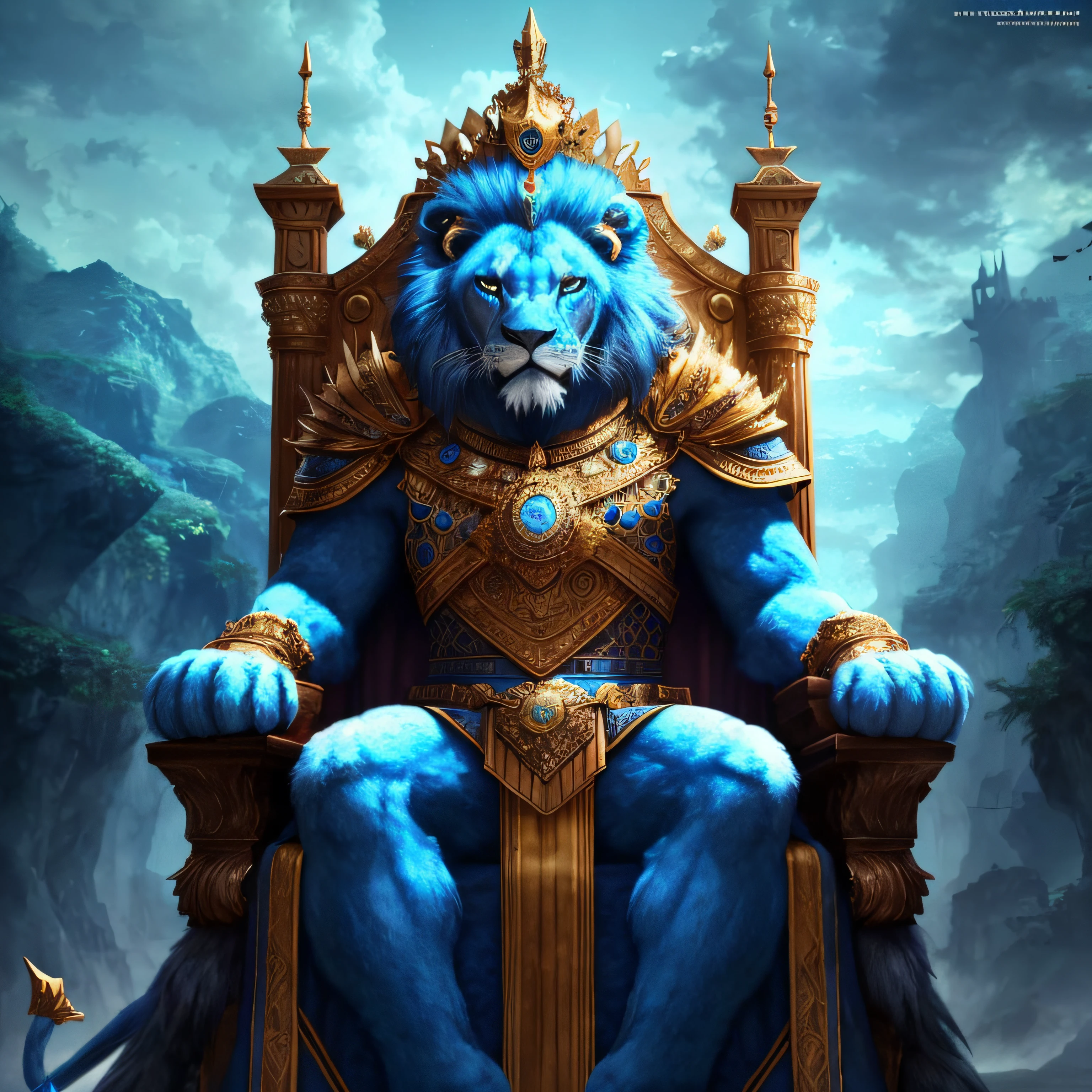 Blue lion mixed with brave bad gray, with a crown on his head, sitting on a blue throne, with warrior body, blue armor, 4k, all blue environment --auto