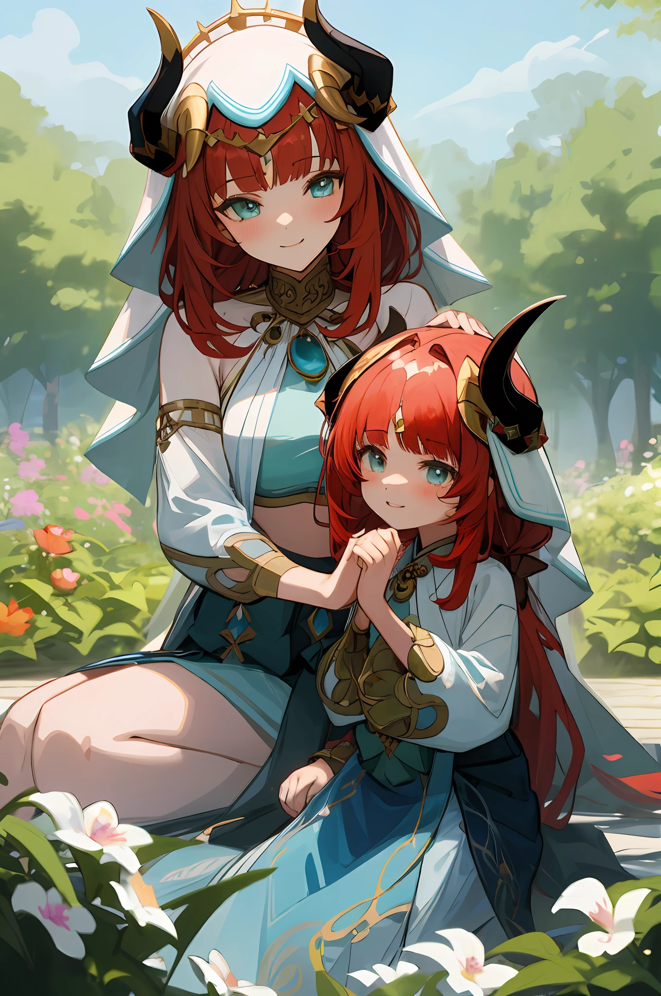 anime image of two women dressed in traditional sumeru clothing in garden full of flowers, palace  a girl in hanfu, wlop and sakimichan, red haired deity, red hair, characters from azur lane, anime fantasy illustration, from the azur lane videogame, genshin, artwork in the style of guweiz, dance sumeru detailed art, two beautiful anime girls, red hair, mother and child, aqua eyes, nilou (genshin impact), fake horns, veil, smile, long hair, crop top, jewelry, horns, her daughter's hair is red, sitting in a garden full of flowers