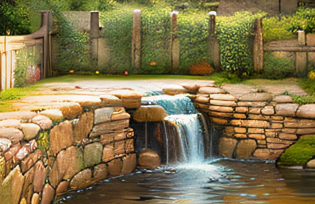 small waterfall with stone walls, cartoon style, strong color style