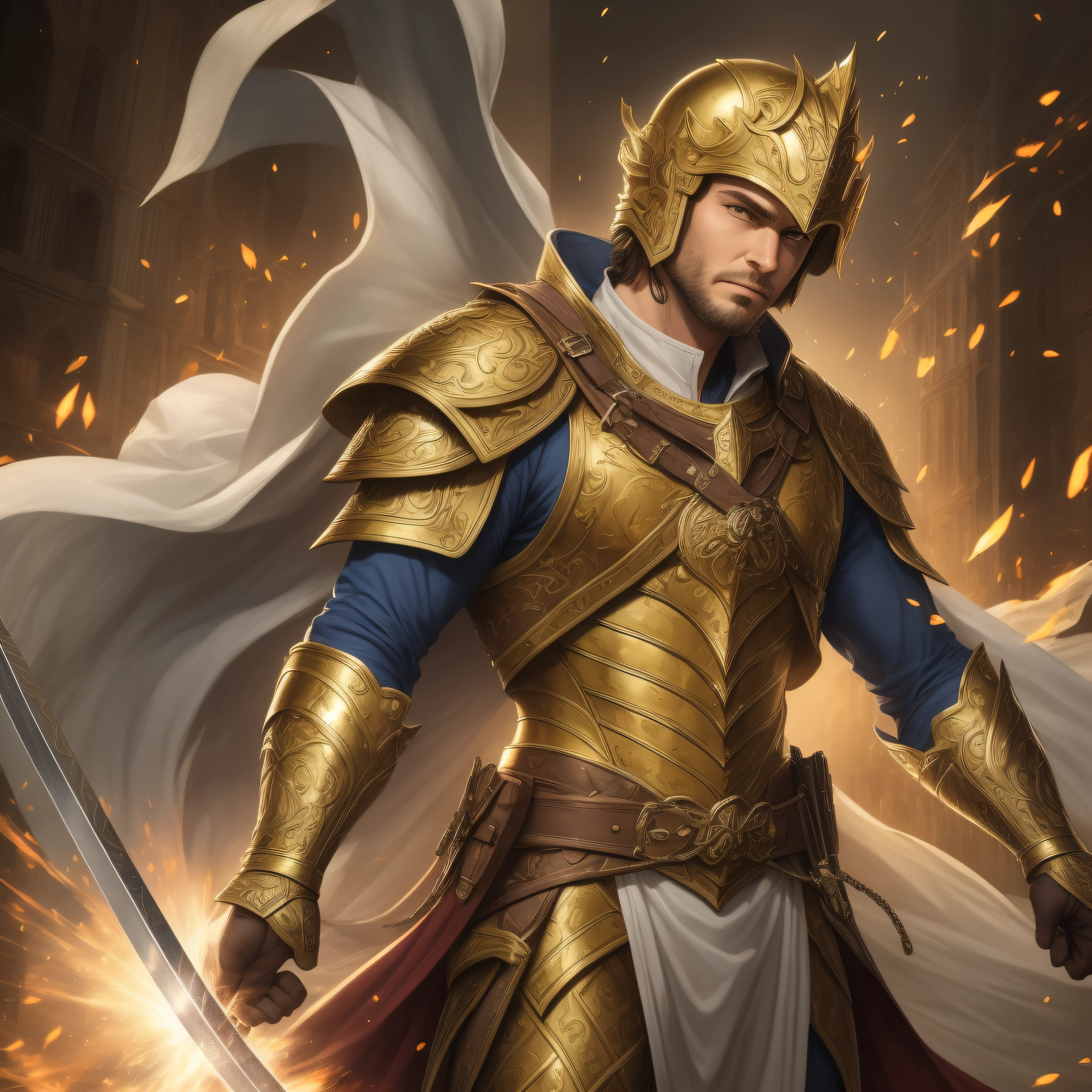 (masterpiece:1.2), (best quality:1.2)Valentin, the Paladin of Light, is depicted in a drawing with an imposing presence and an aura of justice and kindness. His figure displays a combination of strength and compassion, reflecting his role as protector of the defenseless and as an ardent defender of noble ideals. Valentin possesses a tall stature and a robust physical constitution, imparting power and determination. Her hair is blonde and short, impeccably groomed, while her expression is serious but gentle. His eyes are bright blue, radiating a warm and compassionate intensity. He wears gleaming armor, made of silver and gold metals. The armor is adorned with elaborate details, showing sacred symbols and references to divine light. Valentin wears an imposing helmet, which reveals only his eyes, emphasizing his heroic identity. On his chest, Valentin carries a sacred emblem, the symbol of his duty as a champion of light. The emblem shines with a soft light, reflecting its bond with divine energies and the protection it brings to the innocent. Valentin wields a sacred sword, radiant with a heavenly glow. The blade is adorned with sacred engravings and the handle is wrapped in high-quality leather, providing grip and comfortable handling. His sword is a physical representation of his mission and purpose as a champion of light. Valentin's posture in the drawing is erect and confident, with broad shoulders and puffed out chest. He is a figure of authority and compassion, always ready to step in and protect those who are in danger. His gaze is affectionate, conveying a sense of comfort and security to those around him. The setting around Valentin may vary, depending on the context of the drawing. It can be a battlefield illuminated by rays of sunshine, a sacred citadel, or a celestial landscape, evoking the divine power that accompanies the paladin of light.