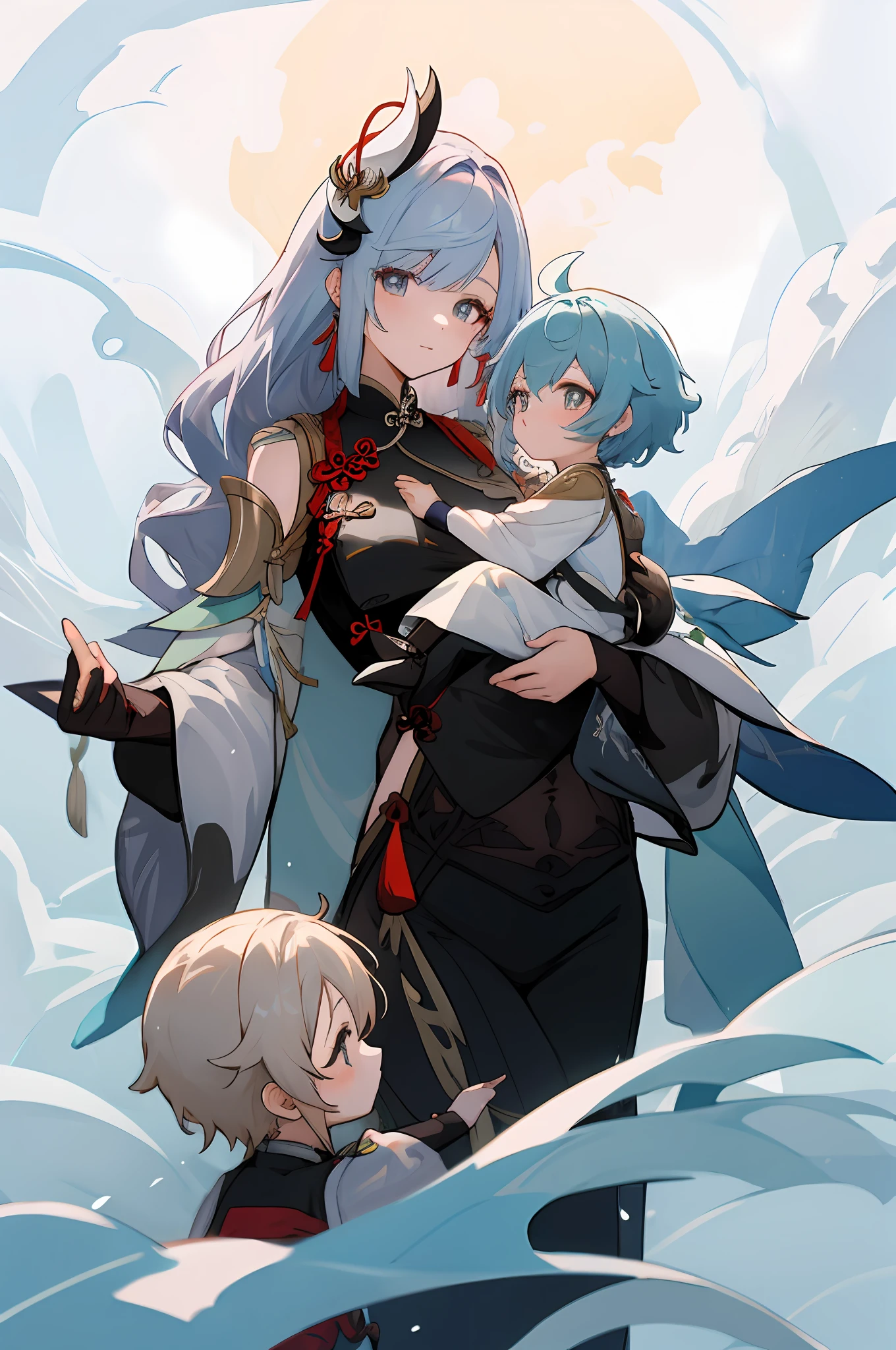 anime image of two women dressed in traditional china clothing in winter, shenhe, Cheongsam, palace a girl in hanfu, wlop and sakimichan, long hair, white haired deity, characters from azur lane, anime fantasy illustration, from the azur lane videogame, genshin, artwork in the style of guweiz, cultivator detailed art, two beautiful anime girls, mother and child, symbol of maternal love, mother and child, such as photos of mother and child, white hair, his son's hair is white
