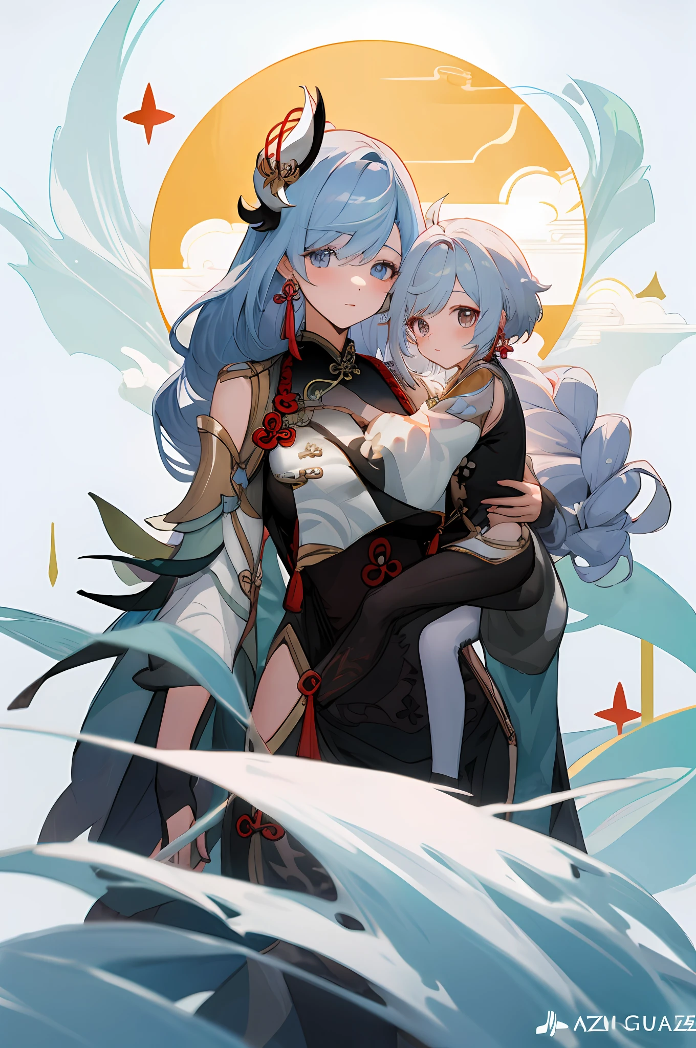 anime image of two women dressed in traditional china clothing in winter, shenhe, Cheongsam, palace a girl in hanfu, wlop and sakimichan, long hair, white haired deity, characters from azur lane, anime fantasy illustration, from the azur lane videogame, genshin, artwork in the style of guweiz, cultivator detailed art, two beautiful anime girls, mother and child, symbol of maternal love, mother and child, such as photos of mother and child, white hair, his son's hair is white