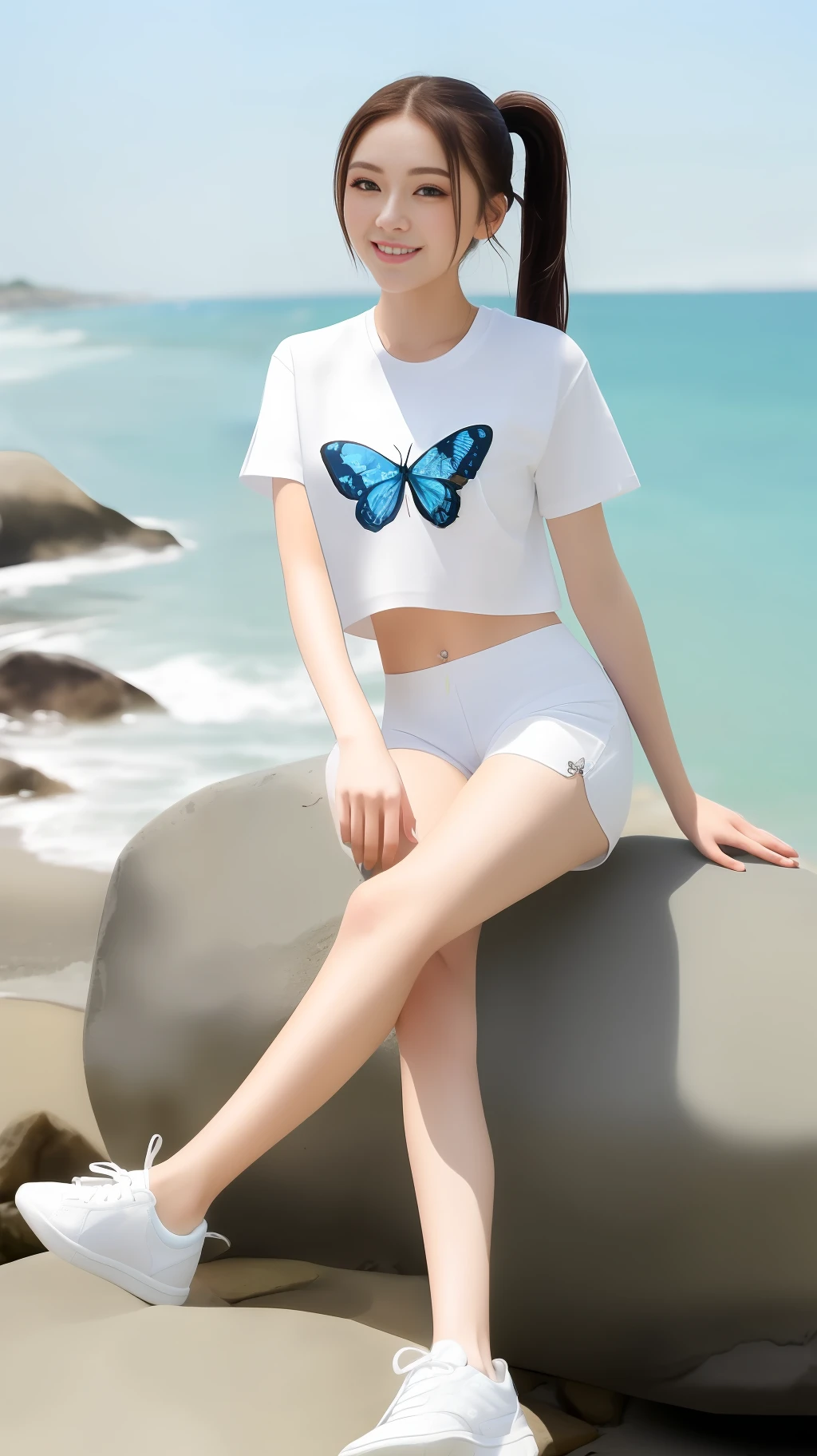 High quality, masterpiece, 8k, (1 girl, 2 ponytails), (sit reclining on a rock, seaside, waves, smile), (professional wear, white t-shirt, butterfly pattern, white shorts, white stockings, white sneakers, thin and breathable material), summer, cool, seawater, waves, Gulangyu, raise right leg, side to the audience