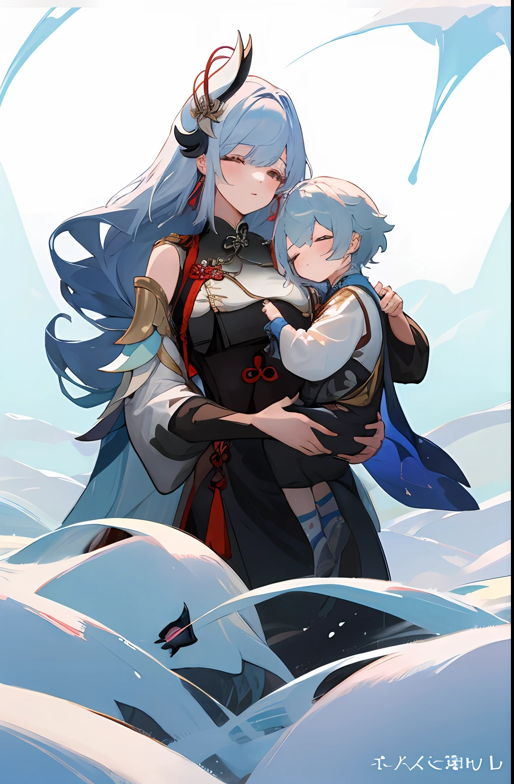 anime image of two women dressed in traditional china clothing in winter, shenhe, Cheongsam, palace a girl in hanfu, wlop and sakimichan, long hair, white haired deity, characters from azur lane, anime fantasy illustration, from the azur lane videogame, genshin, artwork in the style of guweiz, cultivator detailed art, two beautiful anime girls, mother and child, symbol of maternal love, mother and child, such as photos of mother and child, white hair, his son's hair is white, sleeping in a snowy field