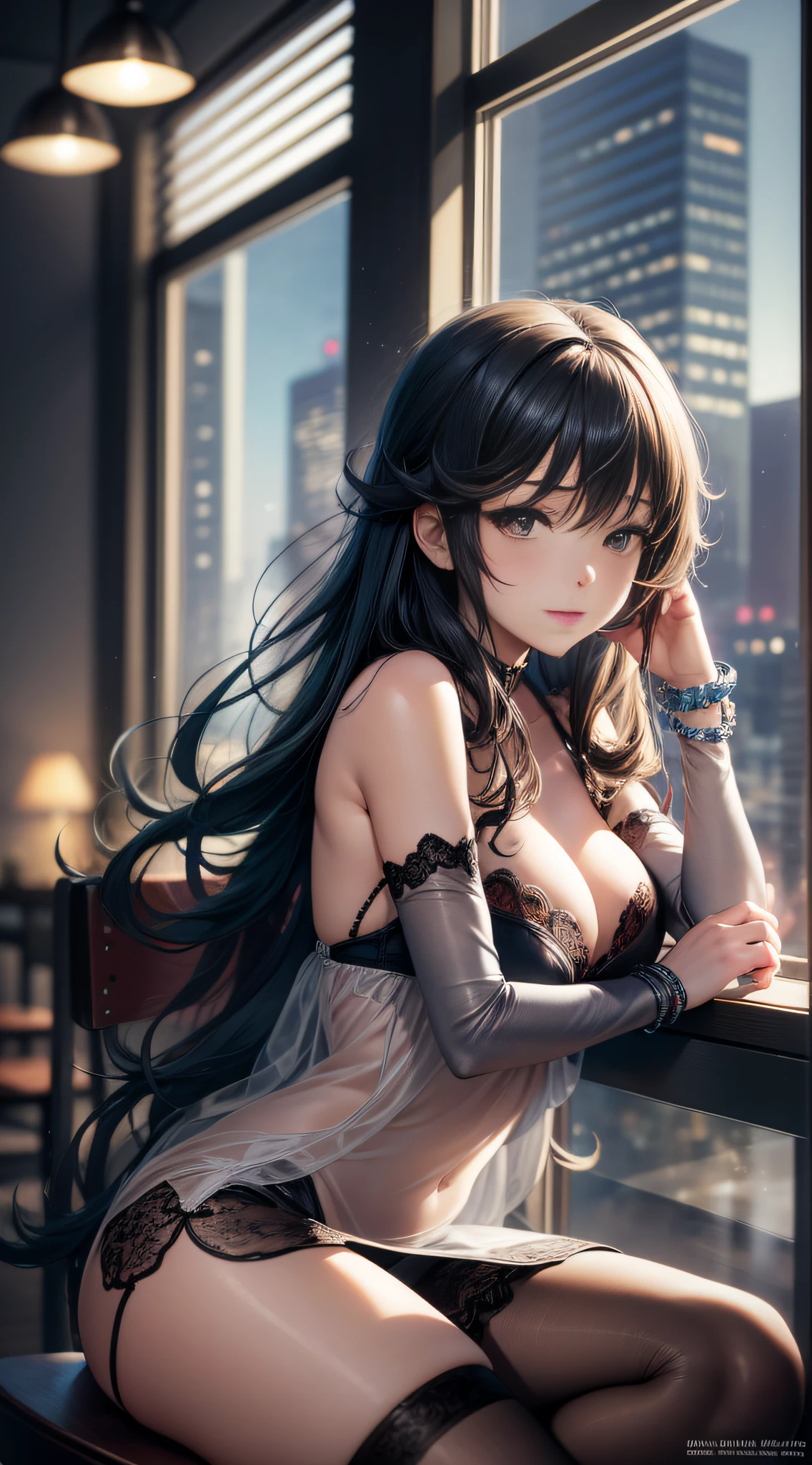 Alavid woman sitting on chair in room with window, anime girl, beautiful anime woman, girl busty sexy, beautiful anime woman, guvez, attractive anime girl, by Yang J, mysterious coffee shop girl, beautiful anime girl, by Yoshihiko Wada, wlop and sakimichan, guvez style artwork, extremely seductive