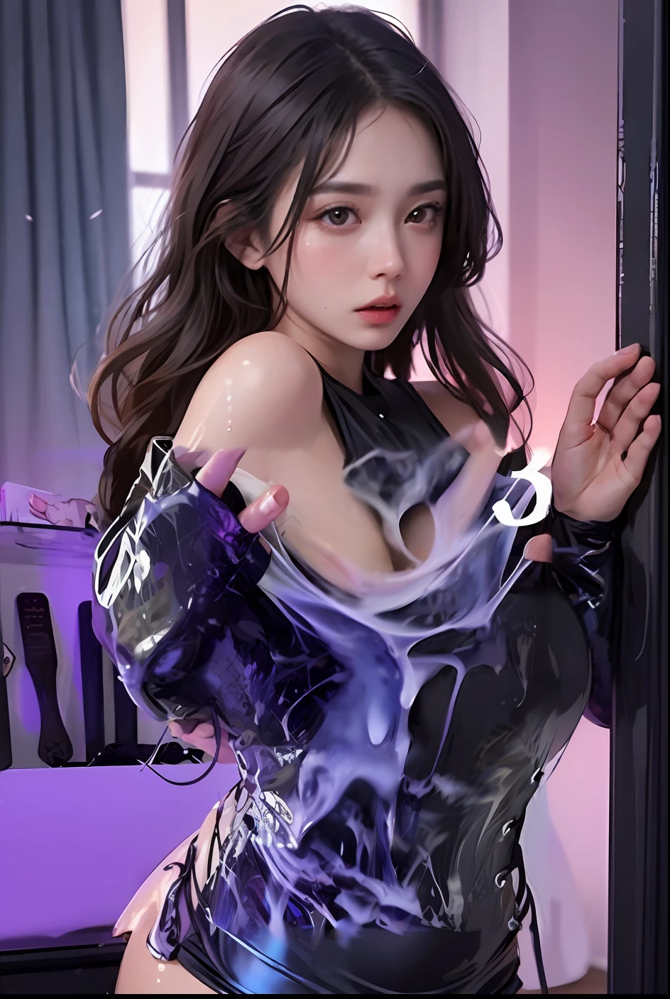 (Masterpiece: 1.2, Best Quality), (Realisticity: 1.4), Photorealistic (Real Pictures, Intricate Details, Depth of Field), (1girl, Solo), (Sweating: 1.4), (Wet Clothes 1.3), (Puffy Eyes 1.3), (Beauty Breasts 1.6), Sexy, Blush, Highest Quality, Highest Quality, Highest Resolution, 8K wallpaper, Very detailed CG, Detailed Face, Detailed Lips, Extreme Beauty, Ridious, Incredibly Absurd, Long Eyelashes, Face correction, body proportion correction, eye highlight, sexual innuendo, belly,