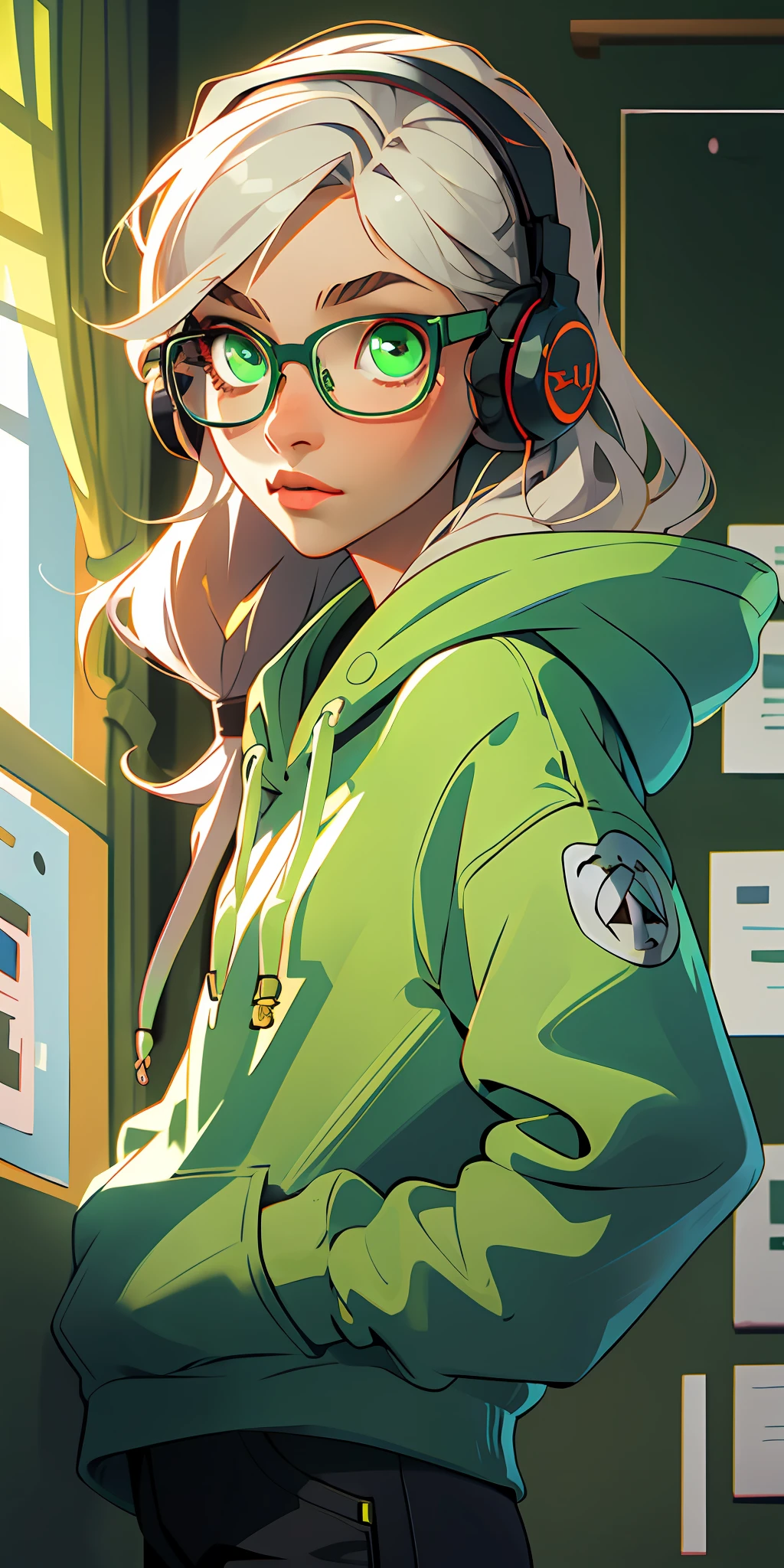 (masterpiece, best quality), 1girl, long hair, headphones, green eyes, glasses, green hoodie, room, detailed eyes,