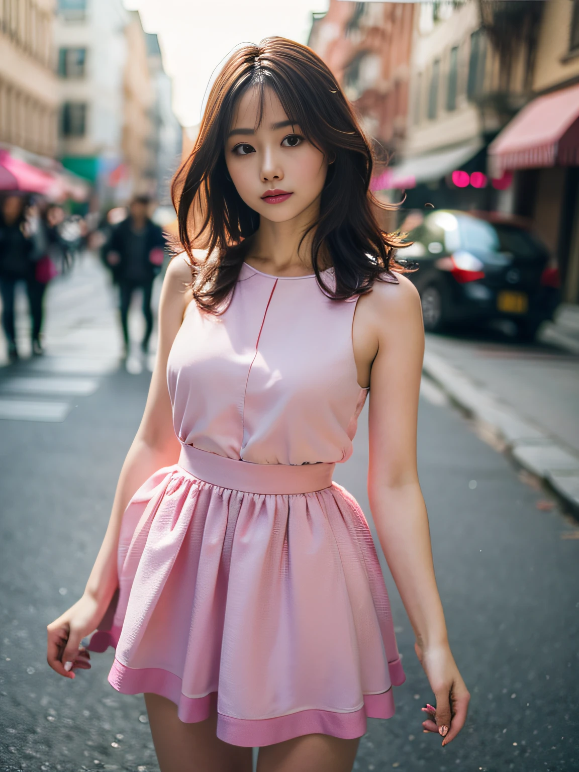 Woman poses seductively street corner, top quality, high resolution, 8k, girl alone, slightly chubby body, outdoor, (street: 0.8), (people, crowd: 1), sleeveless dress, pink white dress: 1.5), gorgeous, (medium hair), (dynamic pose: 0.8), (upper body: 1.2), soft lighting, wind, shiny skin, gaze,