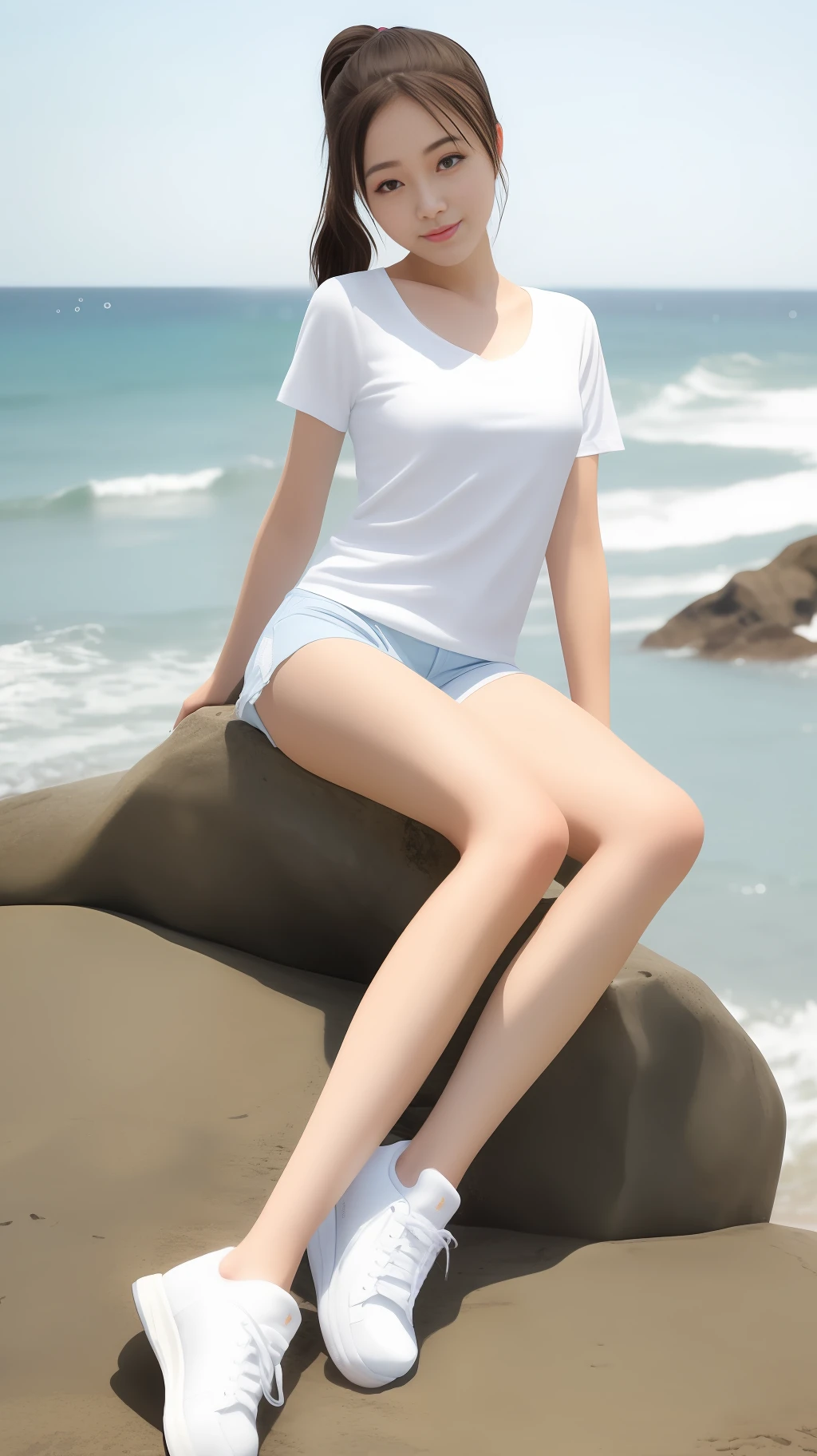 High quality, masterpiece, 8k, (1 girl, two ponytails), (sitting diagonally on a rock, sea, waves, background, sea, waves), smile, (professional wear, white T-shirt, butterfly pattern, white shorts, white stockings, white sneakers, thin and breathable material), summer, cool, seawater, waves, Gulangyu, right leg raised,
