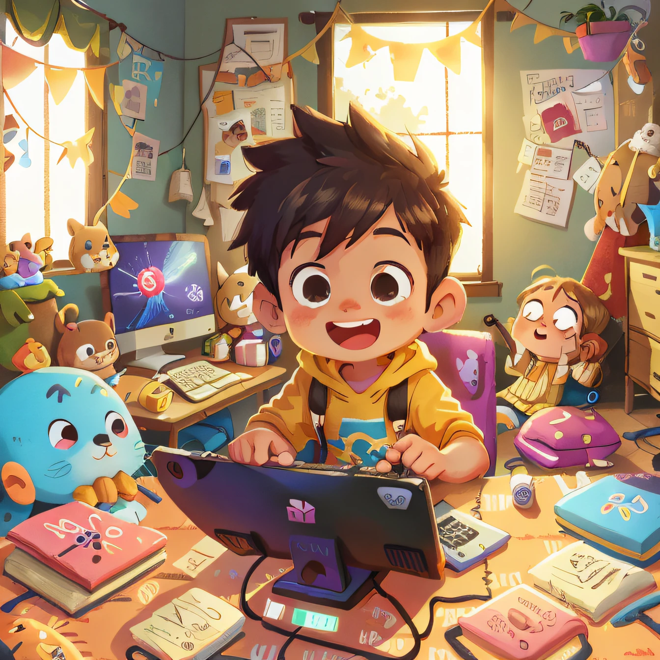 A Boy, Room, Computer Games, Happy, Happy, Happy, Perfect Quality, Clear Focus (Clutter - Home: 0.8), (Masterpiece: 1.2) (Realistic: 1.2) (Bokeh) (Best Quality) (Detailed Skin: 1.3) (Intricate Details) (8K) (Detail Eyes) (Sharp Focus), (Happy)