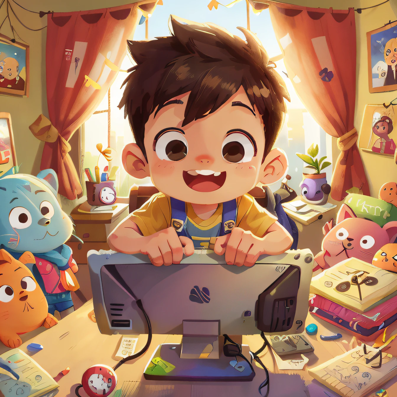 A Boy, Room, Computer Games, Happy, Happy, Happy, Perfect Quality, Clear Focus (Clutter - Home: 0.8), (Masterpiece: 1.2) (Realistic: 1.2) (Bokeh) (Best Quality) (Detailed Skin: 1.3) (Intricate Details) (8K) (Detail Eyes) (Sharp Focus), (Happy)