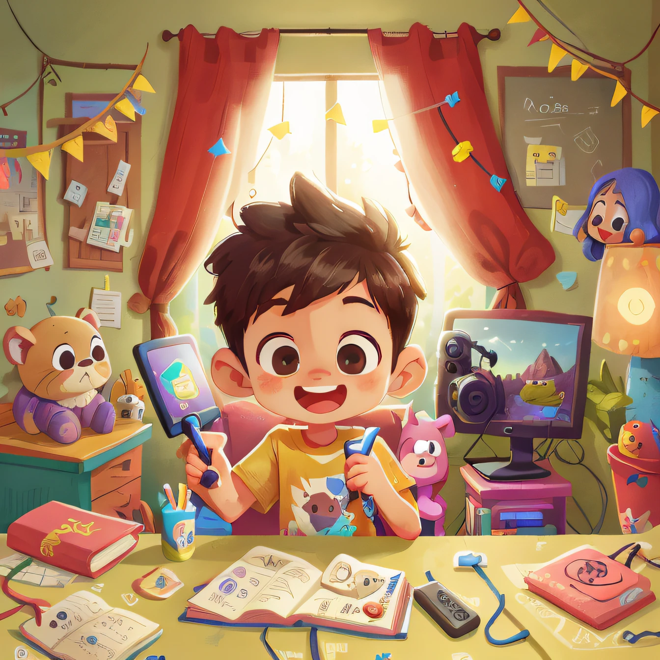 A Boy, Room, Computer Games, Happy, Happy, Happy, Perfect Quality, Clear Focus (Clutter - Home: 0.8), (Masterpiece: 1.2) (Realistic: 1.2) (Bokeh) (Best Quality) (Detailed Skin: 1.3) (Intricate Details) (8K) (Detail Eyes) (Sharp Focus), (Happy)