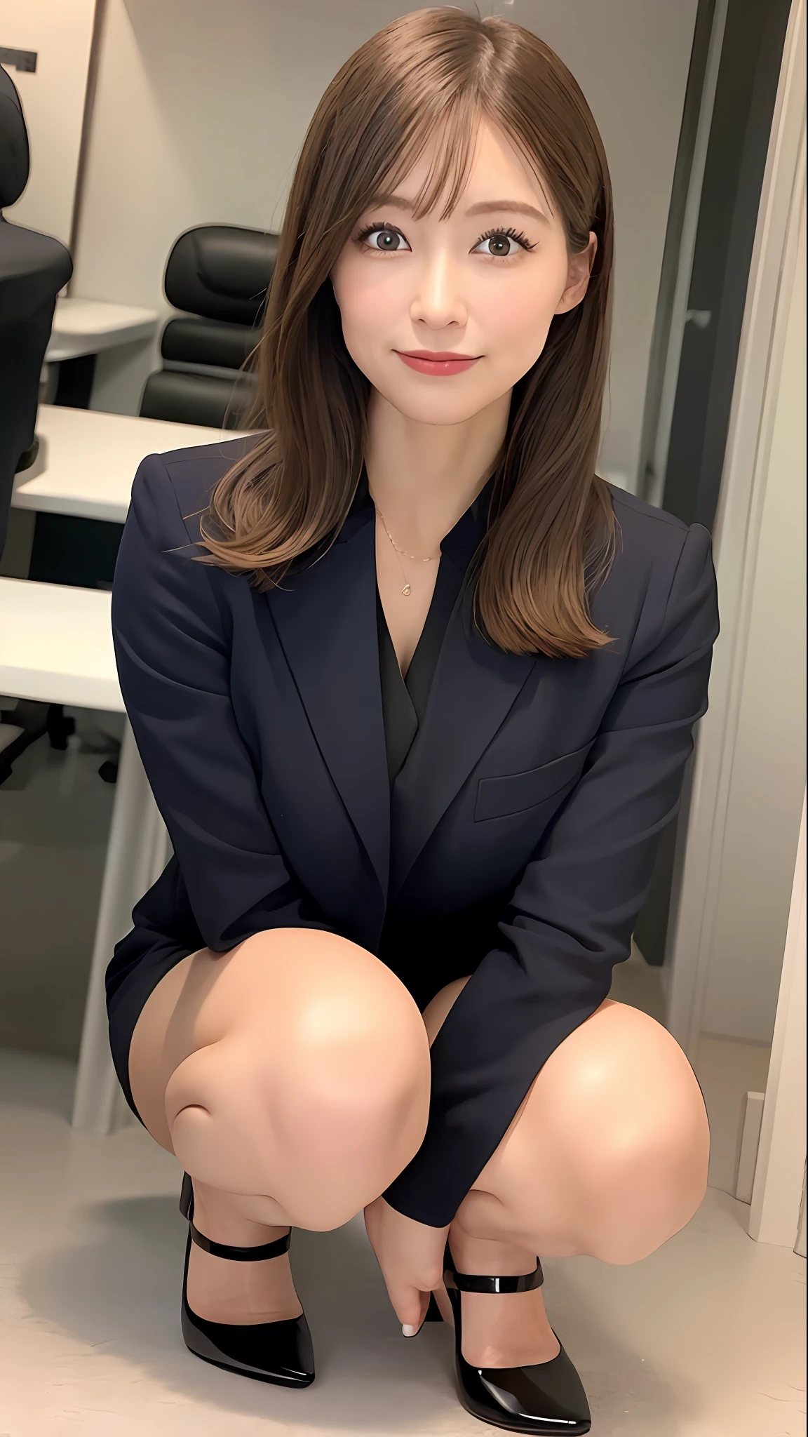 (8K, Best Quality, Masterpiece: 1.2), (Realistic, Photorealistic: 1.37), Super Detail, Japan People, Girls Only, Cute, (Full Body: 1.4), (40s: 1.6), (Wrinkles: 0.9), Best Style, Beautiful Legs, Precise Hands, Perfect Face, Office, Business Suit, Tight Skirt, Black Heels, Bob Hair, Squat, Show Panties, Front,