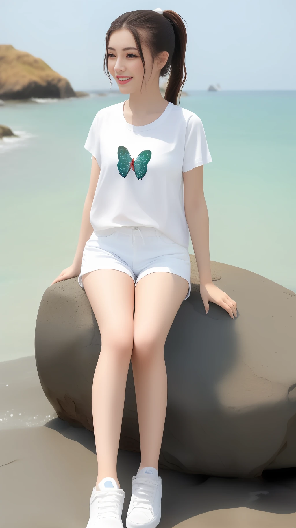 High quality, masterpiece, 8k, (1 girl, two ponytails), (sit diagonally on a rock, sea, waves, splash in background), smile, (professional wear, white t-shirt, butterfly pattern, white shorts, white stockings, white sneakers, thin and breathable material), summer, cool, seawater, waves, Gulangyu Island