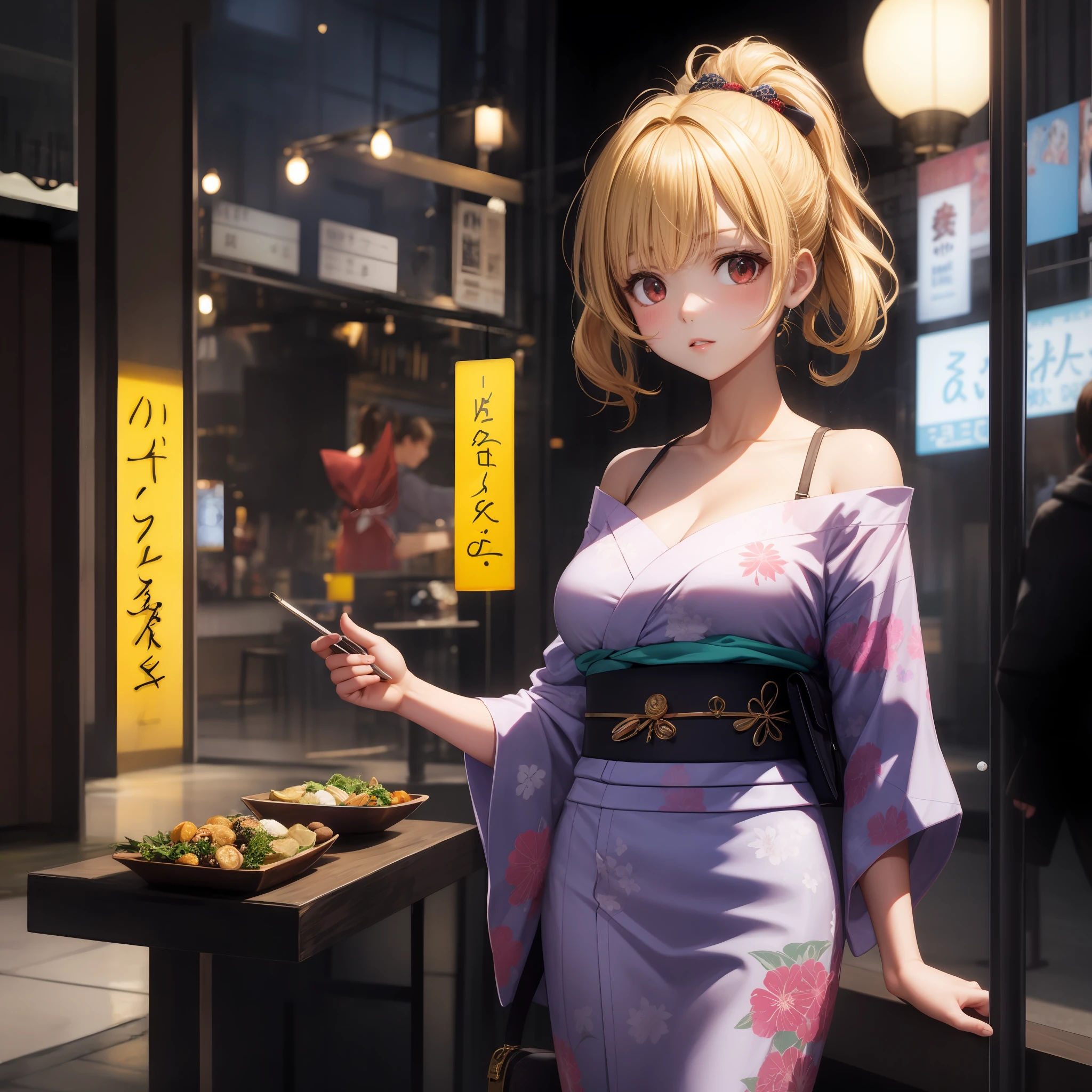 blonde, red eyes, 1girl, off-shoulder, yukata