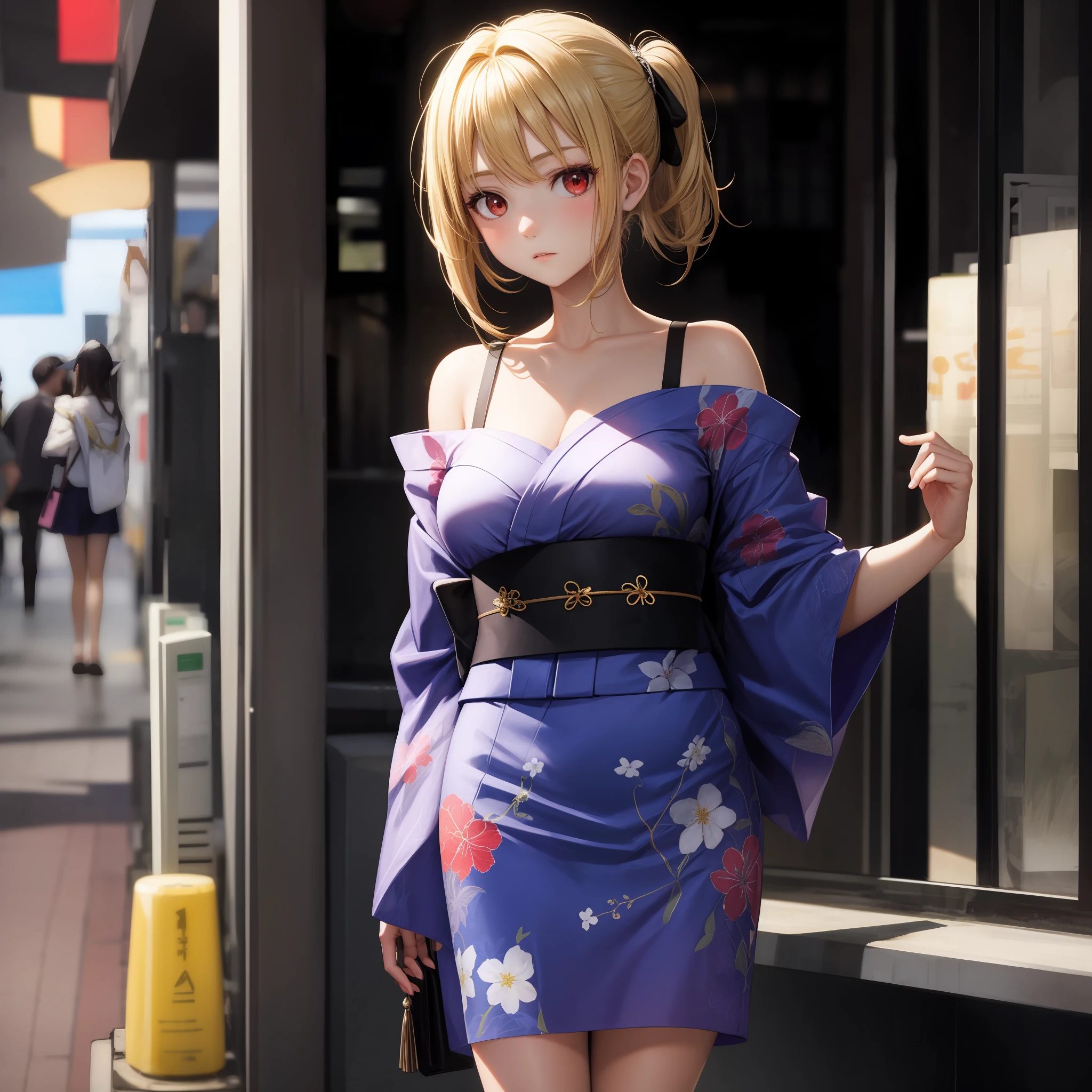 blonde, red eyes, 1girl, off-shoulder, yukata