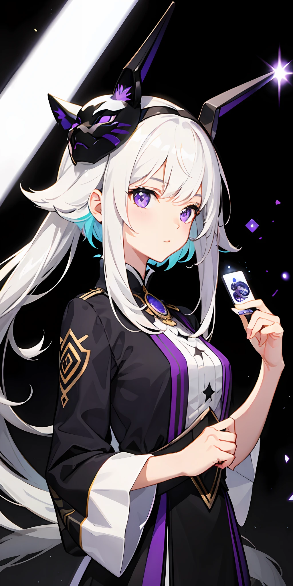1girl, white hair, multicolored hair, purple eyes, mask on head, sidelighting, light particles, wallpaper,
