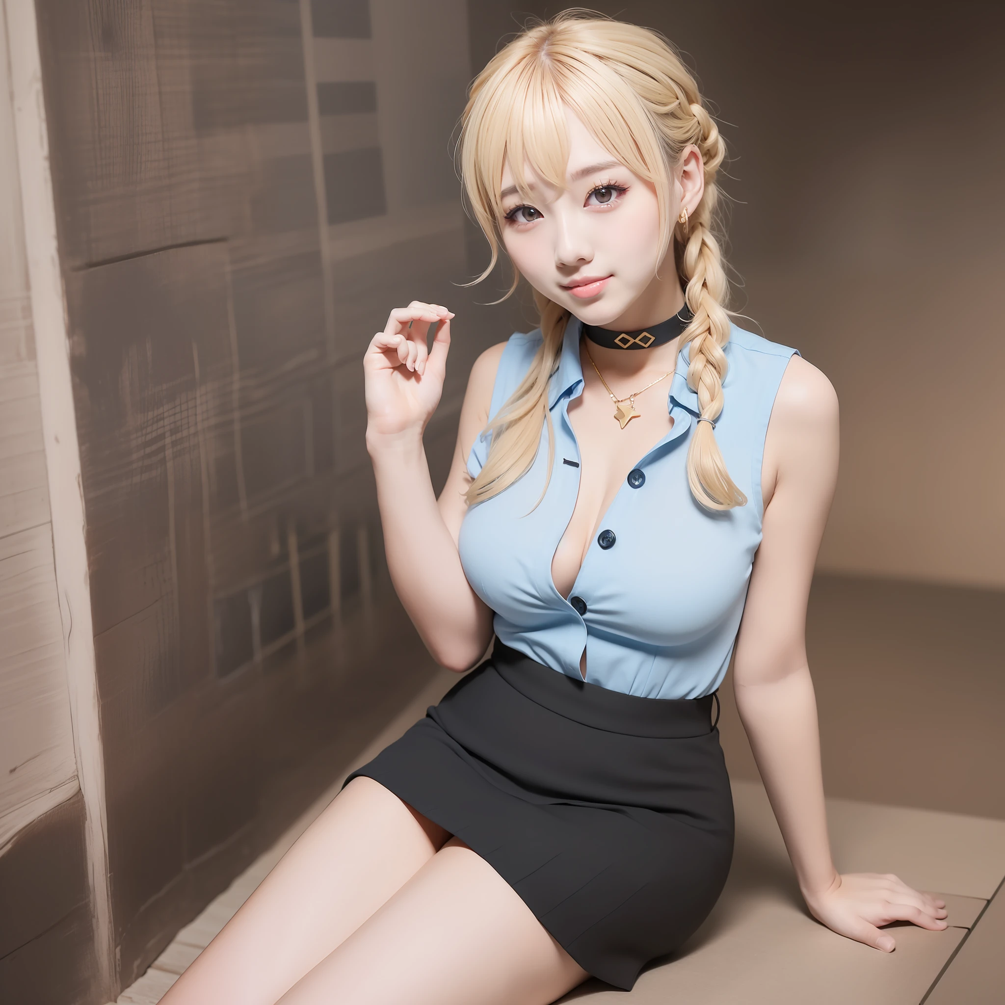 best quality, ultra high res, 1girl, sleeveless blue on shirt, black skirt, black choker, cute, (Kpop idol), (aegyo sal:1), (golden blonde hair:1), long braided hair, ((puffes)), looking at viewer, (((full body))), wide view, facing front, glow skin, smile, thick ass