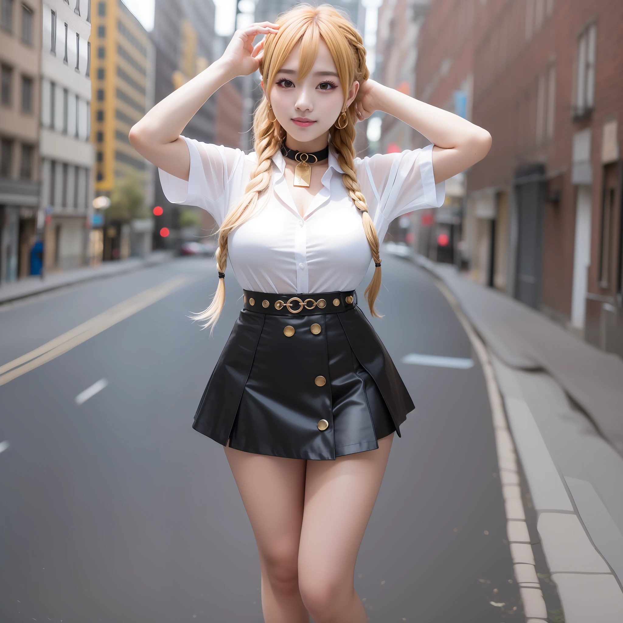 best quality, ultra high res, 1girl, sleeveless blue button shirt, black skirt, black choker, cute, (Kpop idol), (aegyo sal:1), (golden blonde hair:1), long braided hair, ((puffy eyes)), looking at viewer, (((full body))), wide view, facing front, glow skin, smile, thick ass