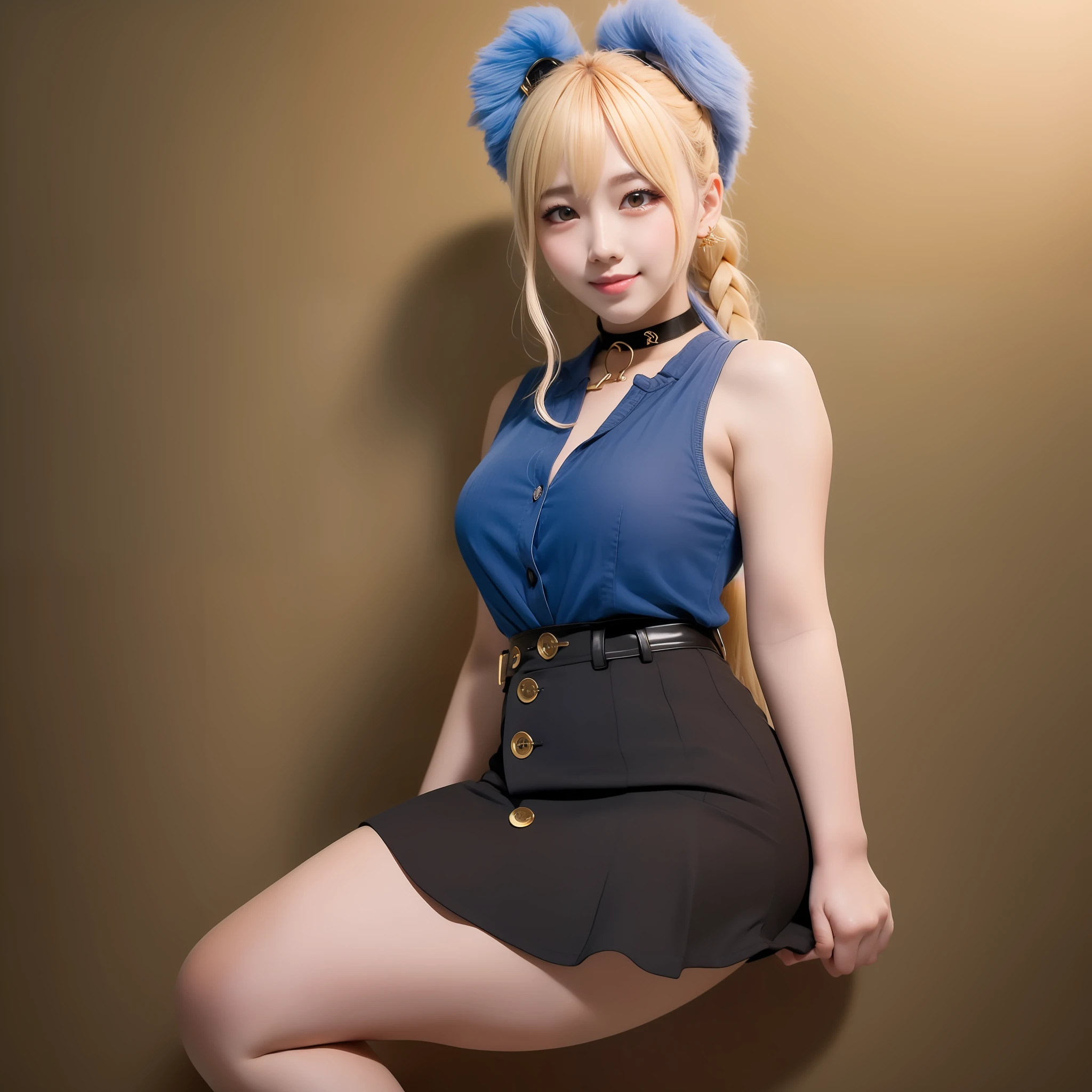 best quality, ultra high res, 1girl, sleeveless blue button shirt, black skirt, black choker, cute, (Kpop idol), (aegyo sal:1), (golden blonde hair:1), long braided hair, ((puffy eyes)), looking at viewer, (((full body))), wide view, facing front, glow skin, smile, thick ass
