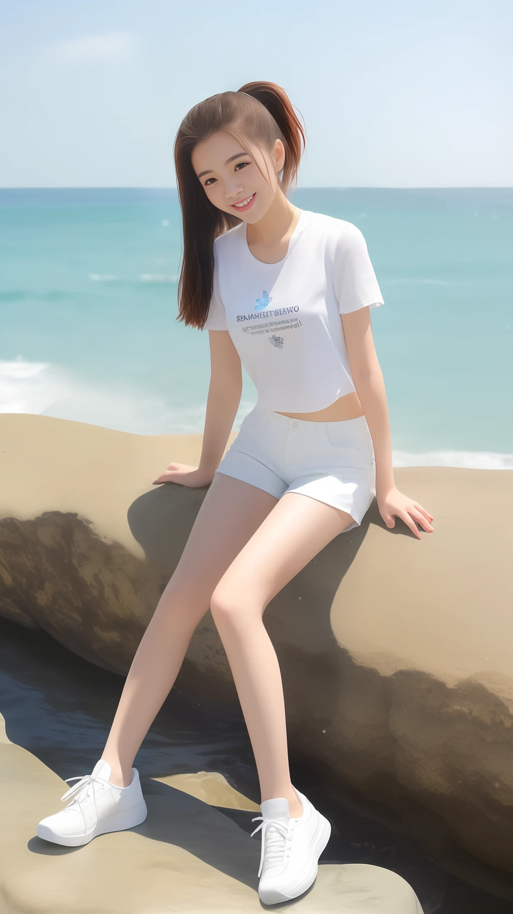 High quality, masterpiece, 8k, (1 girl, two ponytails), (sit diagonally on a rock, sea, waves, splash in background), smile, (professional wear, white t-shirt, butterfly pattern, white shorts, white stockings, white sneakers, thin and breathable material), summer, cool, seawater, waves, Gulangyu Island