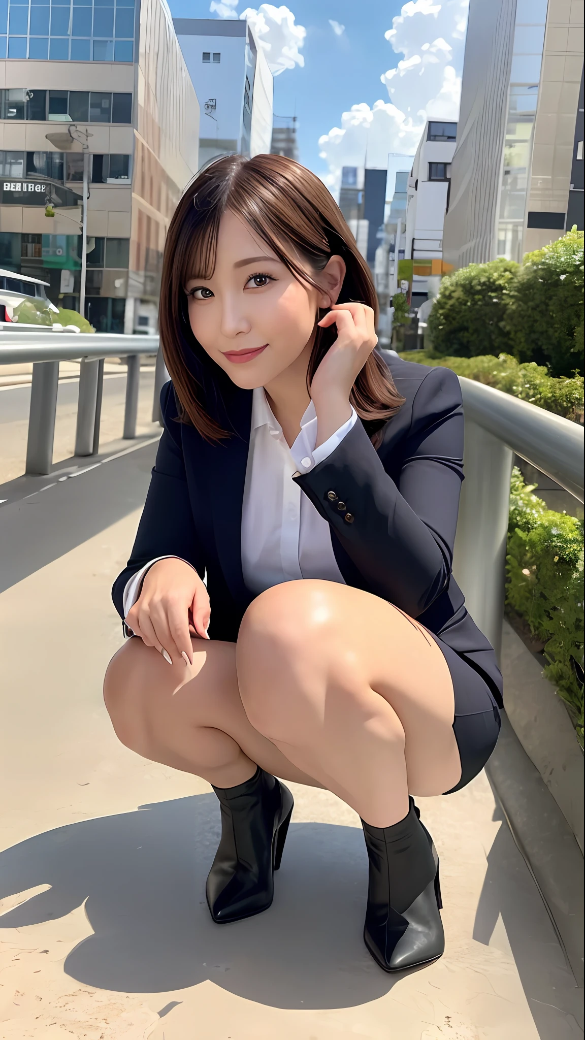 (8K, Best Quality, Masterpiece: 1.2), (Realistic, Photorealistic: 1.37), Super Detail, Japan People, Girls Only, Cute, (Full Body: 1.4), (40s: 1.6), (Wrinkles: 0.9), Best Style, Beautiful Legs, Precise Hands, Perfect Face, Office, Business Suit, Tight Skirt, Black Heels, Bob Hair, Squat, Show Panties, Front,