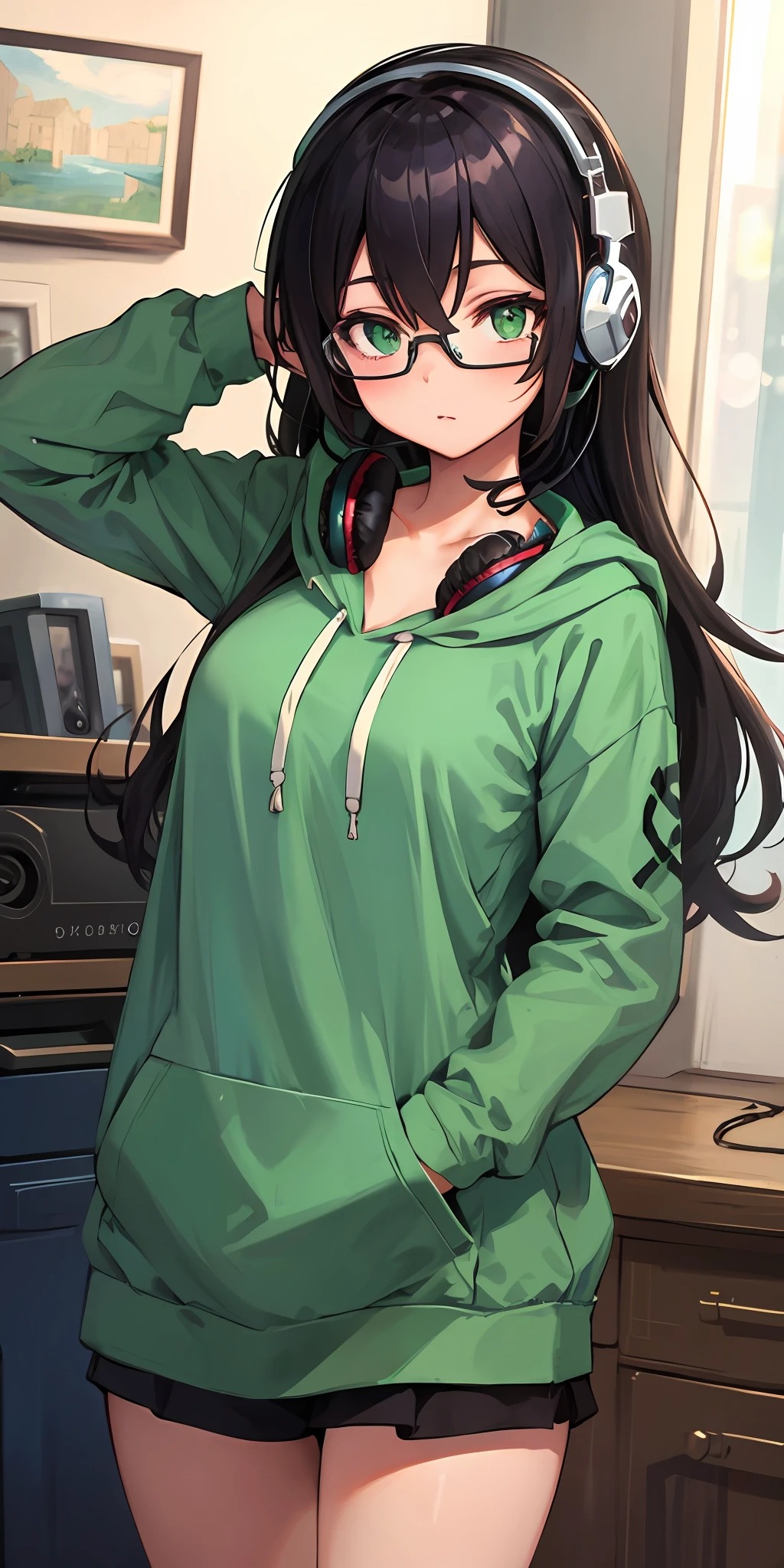 (masterpiece, best quality), 1girl, long hair, headphones, green eyes, glasses, green hoodie, room, detailed eyes,