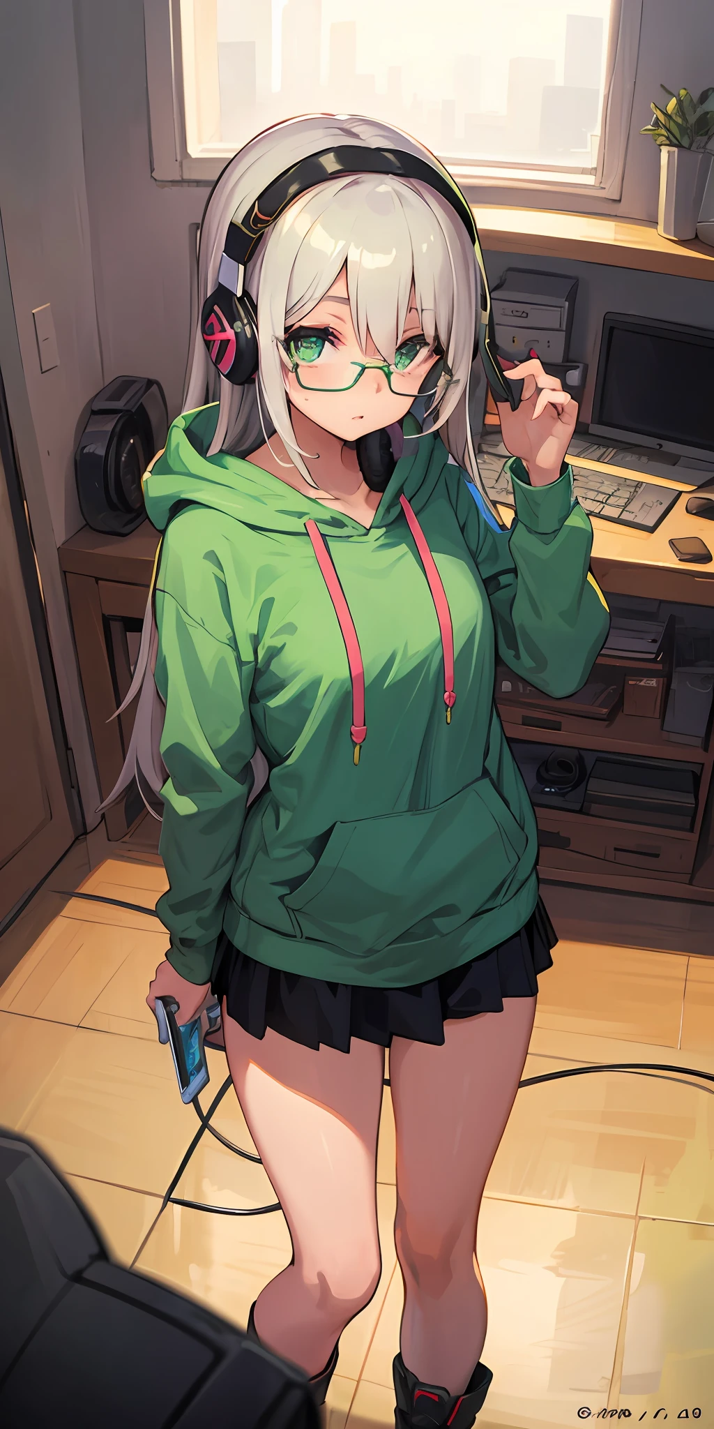 (masterpiece, best quality), 1girl, long hair, headphones, green eyes, glasses, green hoodie, room, detailed eyes,
