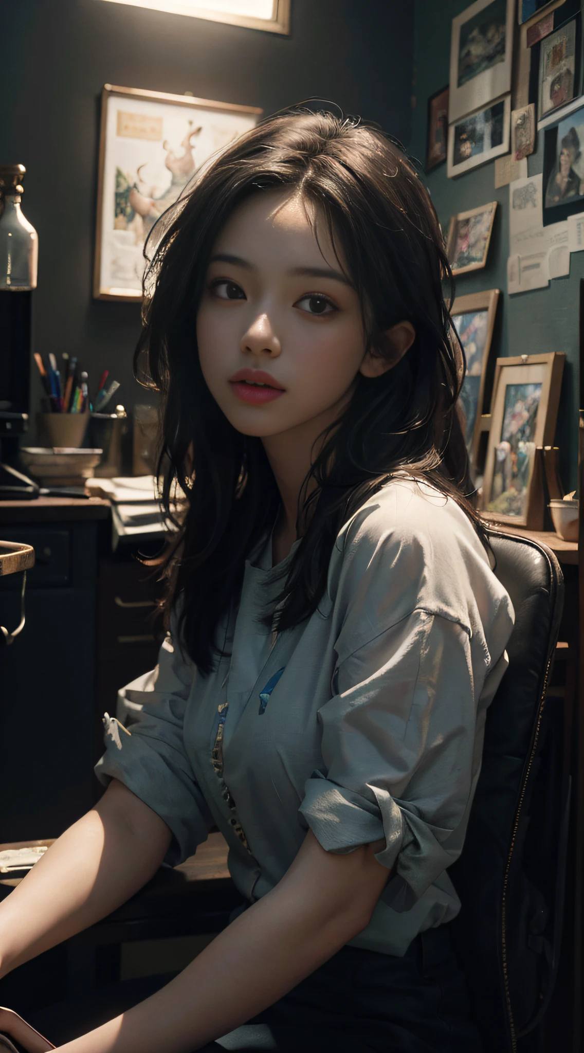 (RAW photo, best quality), (realistic, photo-realistic:1.3),best quality,highly detailed,masterpiece,ultra-detailed,illustration,1girl,upper_body,dynamic angle,world masterpiece theater,messy_long_hair,best quality,extremely detailed CG unity 8k wallpaper,ink,Amazing,cinematic lighting,lens_flare, dunhuang_style