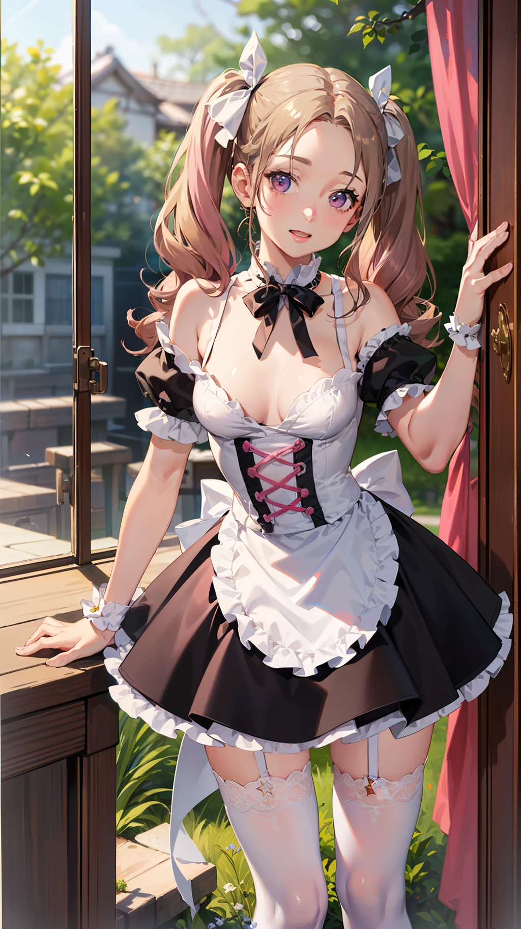 masterpiece, ultra high res, (photorealistic:1.4), 8k, RAW photo, best quality, detailed shadow, best quality, amazing, finely detail, official art, absurdres, soft lighting, sharp focus, (bokeh:1.2), light from the front, bloom, cinematic lighting, light on face, (dynamic pose:1), looking at viewer,
1girl, (huge breast:1.1), (cleavage:1.1), (light brown medium hair:1.4), (twintails:1.8), very cute, (narrow weist:1.8), (abs:0.7), (age:1),(collarbones:1), (skinny:1.2), (Japanese face:1.4), (wide forehead:1.3), (fair skin:1.5), (transparent skin:1.5),(Japanese idle:1.2), (kawaii:1.5), (Gothic Maid:1.2), (waitress:1.2), ((white)socks:1.5), ((black)loafers:1.5), ((white)thigh high stockings:1.6),
(laugh:1.6),
(pink kawaii room:1.8), (ribbon,star item, small window:1.8),(Miscellaneous goods are placed in a mess:1.0),