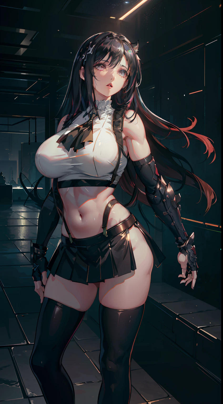 Unreal Engine 5 Realistic Render, (masterpiece, best quality), intricate details, (Best quality)), ((masterpiece)), ((realistic)), (hyperrealism:1.2), (fractal art:1.2),
1girl, 7rtifa, crop top, arm guards, fingerless gloves, suspenders, pleated miniskirt, black thighhighs, red boots
extreme detailed eyes, colorful, highest detailed,
vibrant colors, high contrast,
(8K UHD:1.2), (photorealistic:1.2), beautiful face, top body is hyper realistic thicc muscle and hyper largest_breasts!! with the type of boobs_melons, lower is huge buttocks, wet shiny body