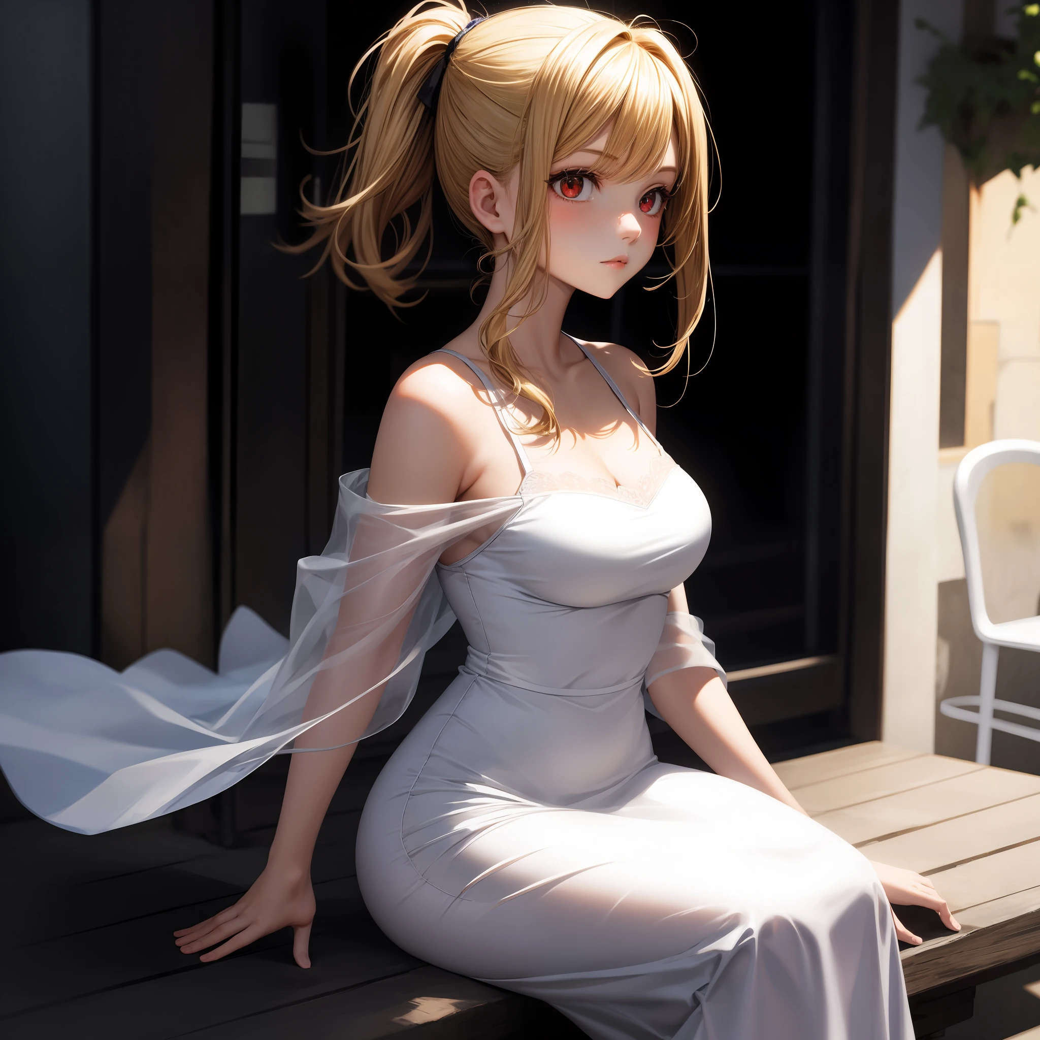 blonde, red eyes, girl, alone, solo, 1girl, white dress