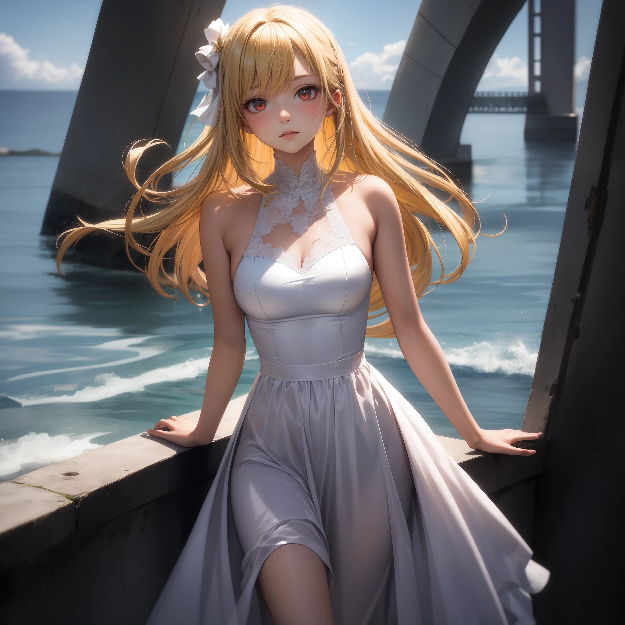 blonde, red eyes, girl, alone, solo, 1girl, white dress