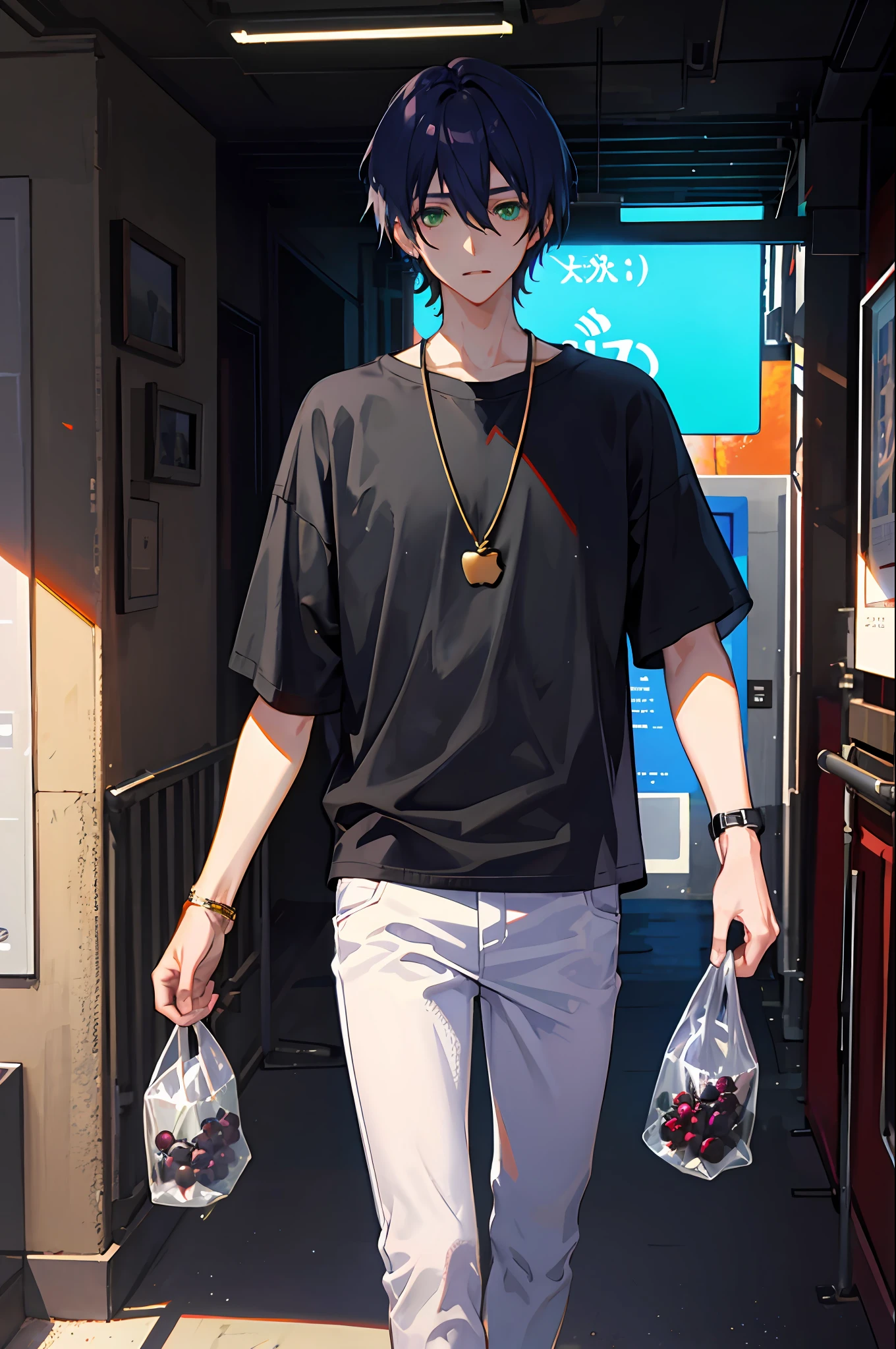 1boy, apple, bag, bangs, berries, blue hair, black shirt, green eyes, hair between eyes, jewelry, leaves, looking at the audience, male focus, necklace, pants, shirt, solo, watch, white pants, watch, messy hair, trends on artstation, 8k resolution, very detailed, anatomically correct, clear image, digital painting, concept art, fashion trends on pixiv, Makoto Shinkai's style,