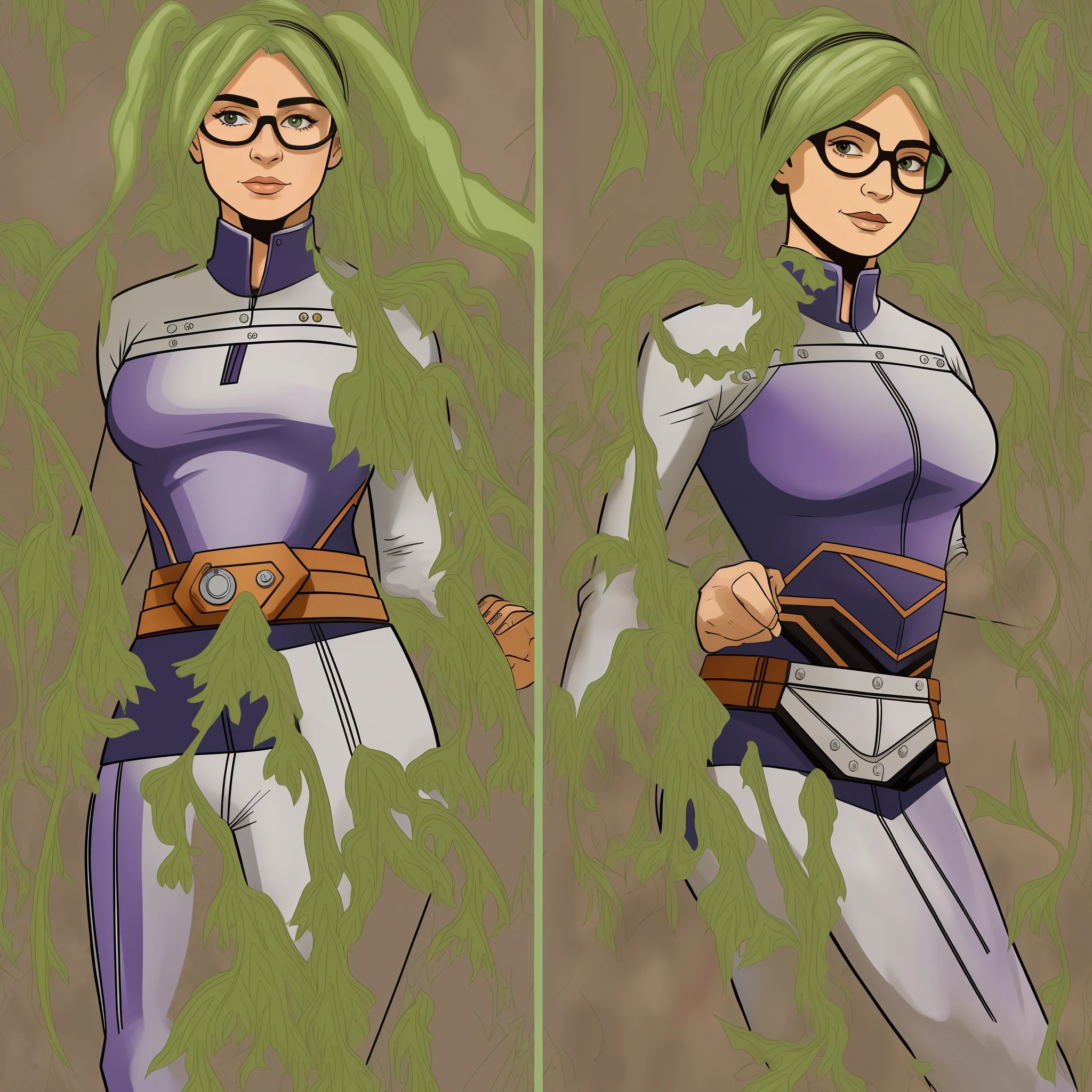 My hero academy, Boku no hero academy, anime, Hero Outfits (HerbVenus):
When Venus transforms into HerbVenus, her hero costume combines elements of her passion for nature and her plant-based powers. Here's a description of the look of his hero costume:

An adjusted jumpsuit of green color, symbolizing your bond with nature and plants.
Details of leaves and vines intertwined throughout the costume, providing an organic and natural touch.
Boots of medium or high barrel, with resistant soles, allowing the necessary mobility for your heroic actions.
Flexible and adherent fabric gloves, allowing her to precisely manipulate plants and ingredients.
A cover with a subtle pattern of foliage, bringing an elegant and heroic aesthetic.
A belt or band with compartments to store seeds and ingredients essential to your abilities.
Special glasses, with lenses that enhance your vision and help identify plants and substances.